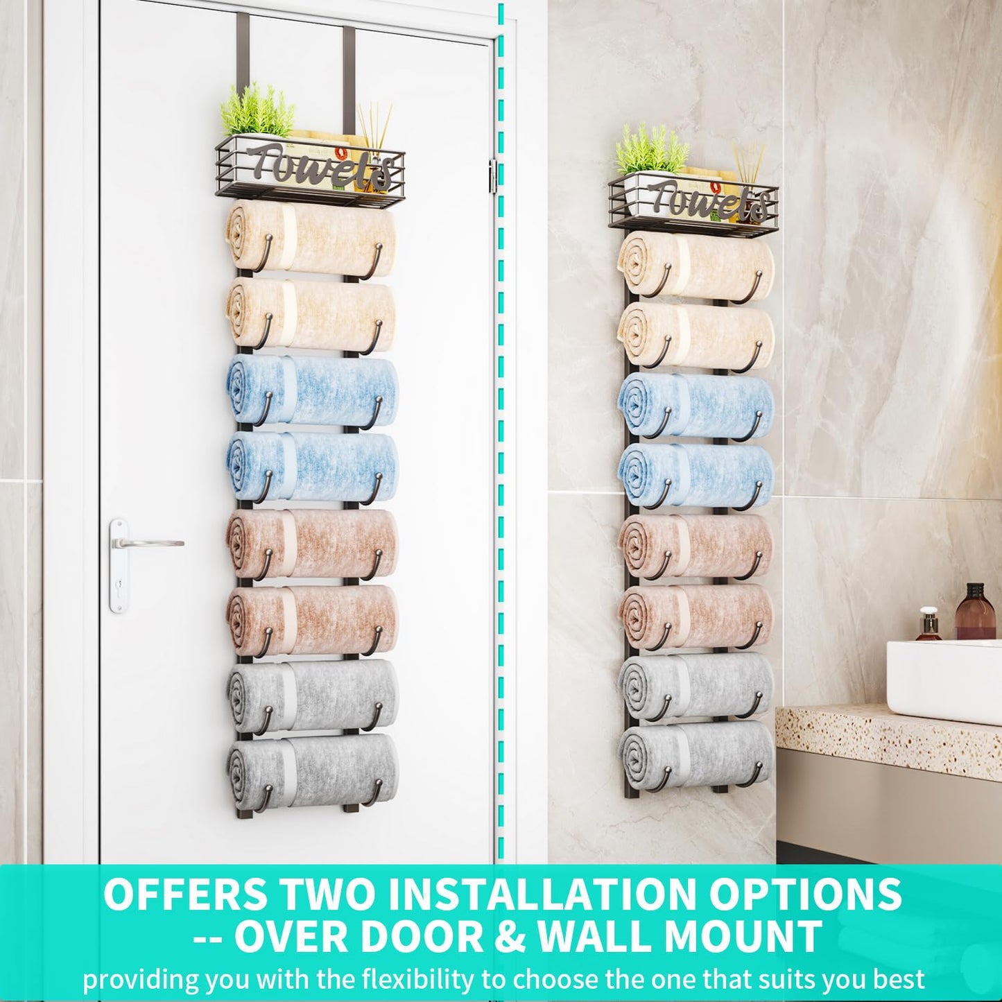 HapiRm Over Door Towel Rack - Towel Storage Rack Wall Mounted with Metal Shelf Basket
