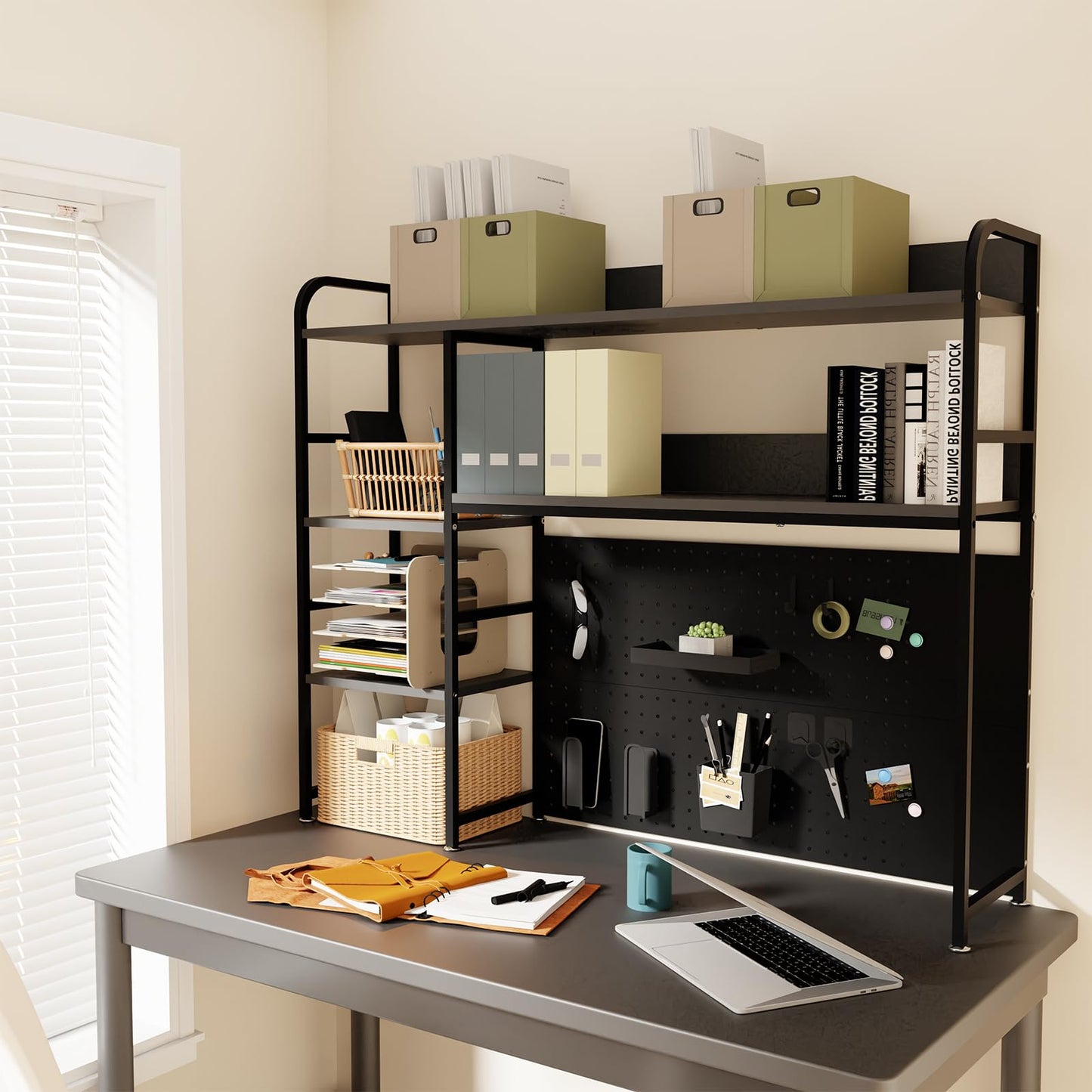 Boltmol 2-Tier Desk Shelf with storage rack,Black 110CM, Desktop Organizer With Pegboard, Countertop Storage Bookcase For Home, Office Or Dorm