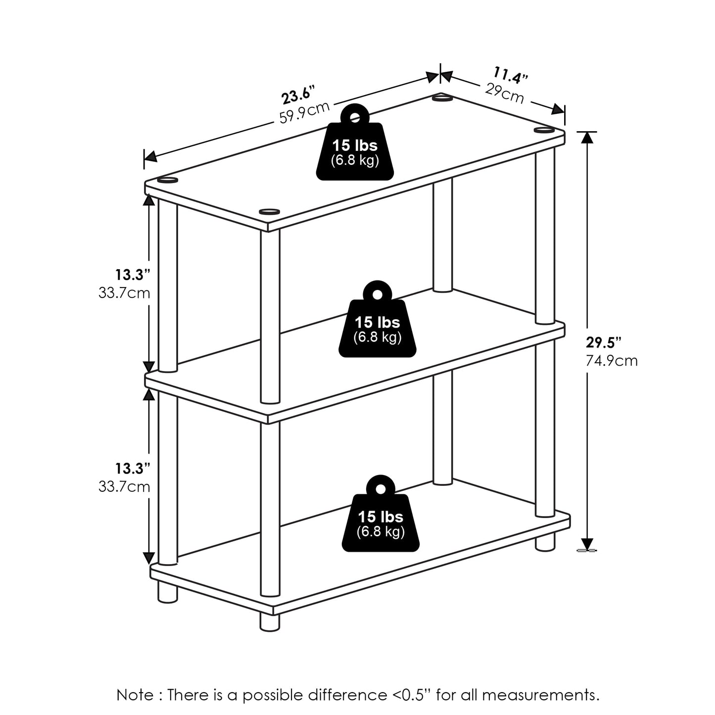 Furinno TURN-N-TUBE Storage Shelves, 3-Tier Book Shelf, Corner Shelf, Toolless Open Shelves, for Organization and Storage, Living Room, Bedroom