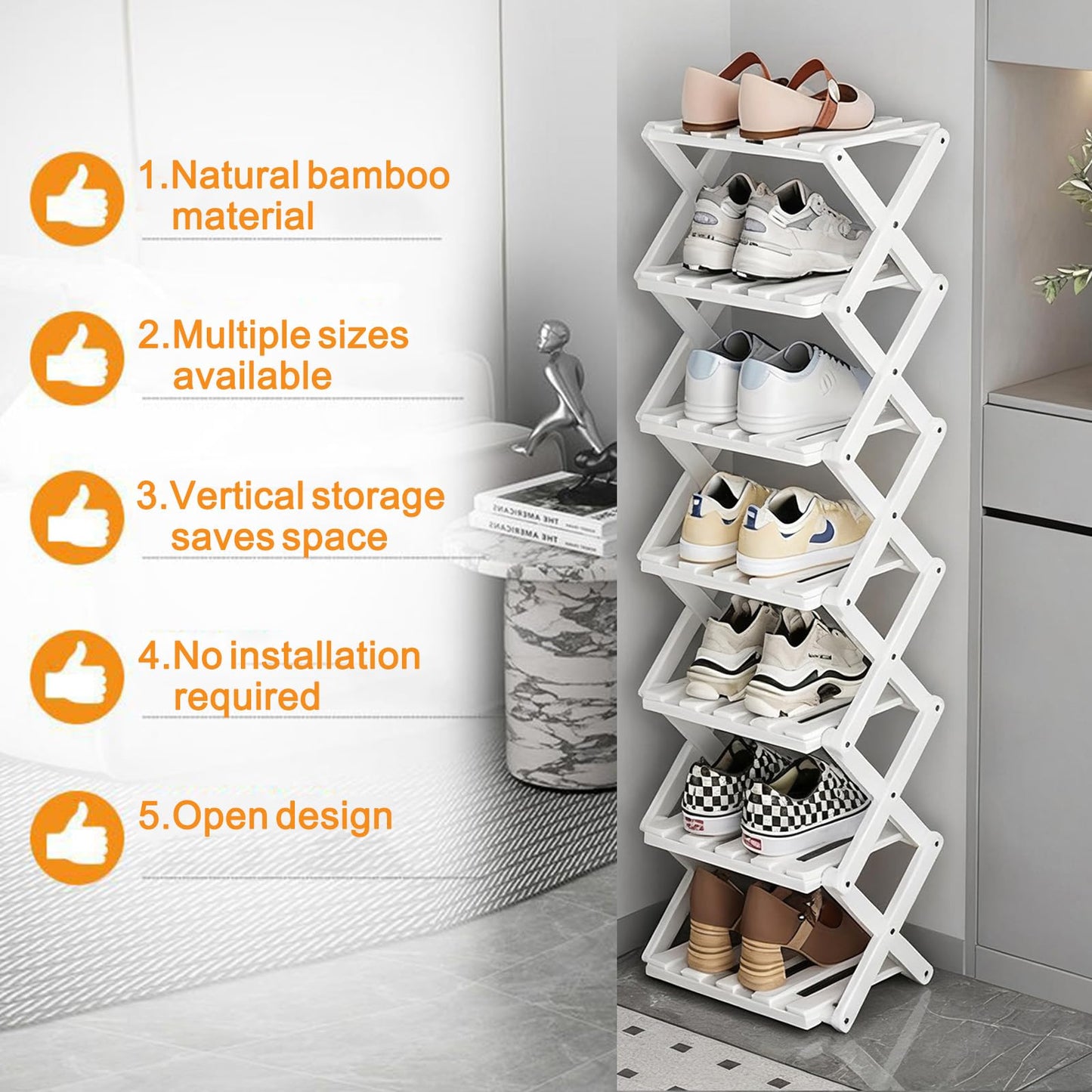 GIRYES Small Shoe Rack White, 4 Tier Bamboo Foldable Shoes Organizer Free Standing Shelf for Entryway, Bedrooms, Closet, Living Room Corner