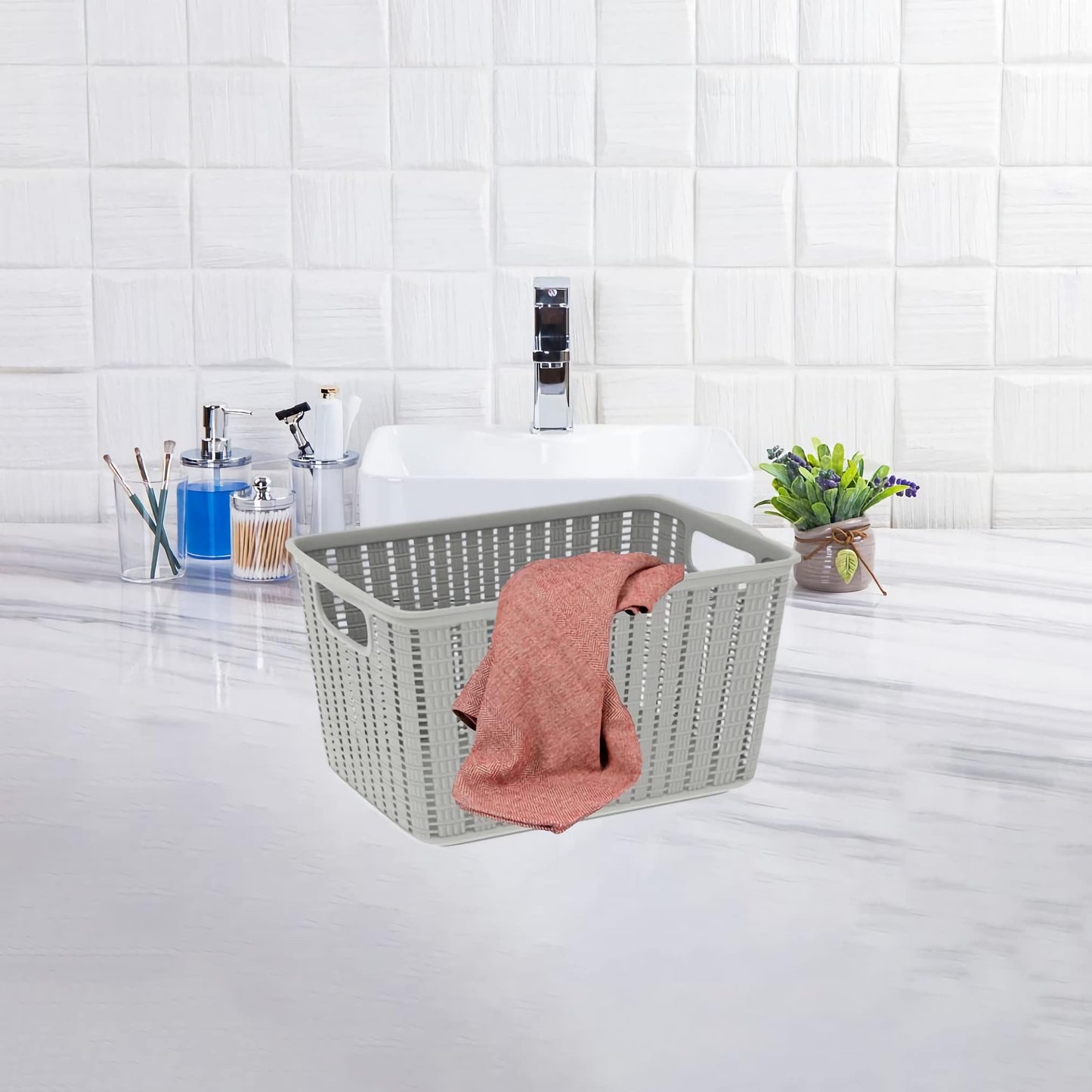 WUWEOT 9 Pack Plastic Storage Basket Bins Organizer, Cabinet and Shelf Basket with Handle, 25cm L x 17cm W x 14cm H, 3 Colors