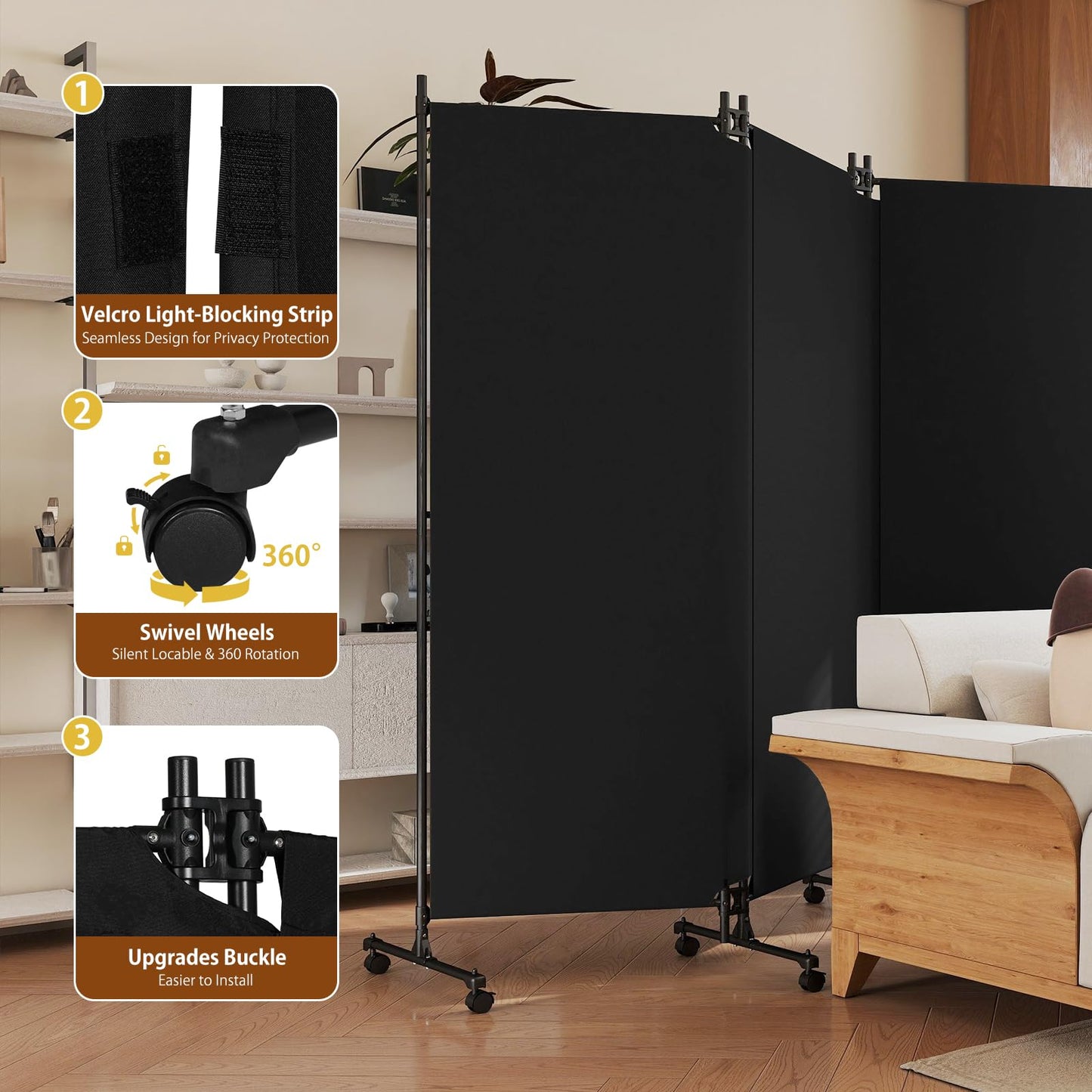 HIDODO 4 Panel Upgraded Room Divider with Wheels, 247cm W x 183cm H, Black