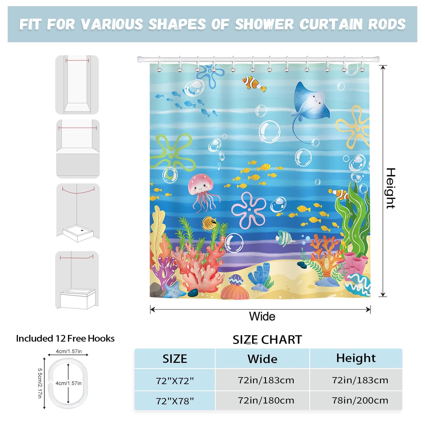 hometrixx Kids Beach Ocean Jellyfish Coral Fish Shower Curtain 72X72Inch