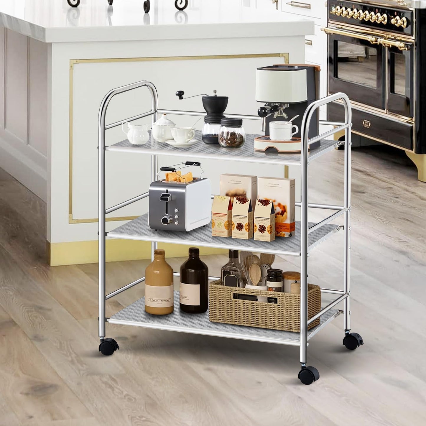 TUKAILAi 3 Tier Stainless Steel Utility Cart with Locking Wheels 35x60x75cm