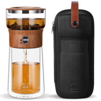 ZENS Modern Solo Tea Infuser Teapot, Smart One Touch Drip Tea Pot for Loose Tea Diffusers, Small Glass Gongfu Magical Teapot with 270ml Insulated Cup
