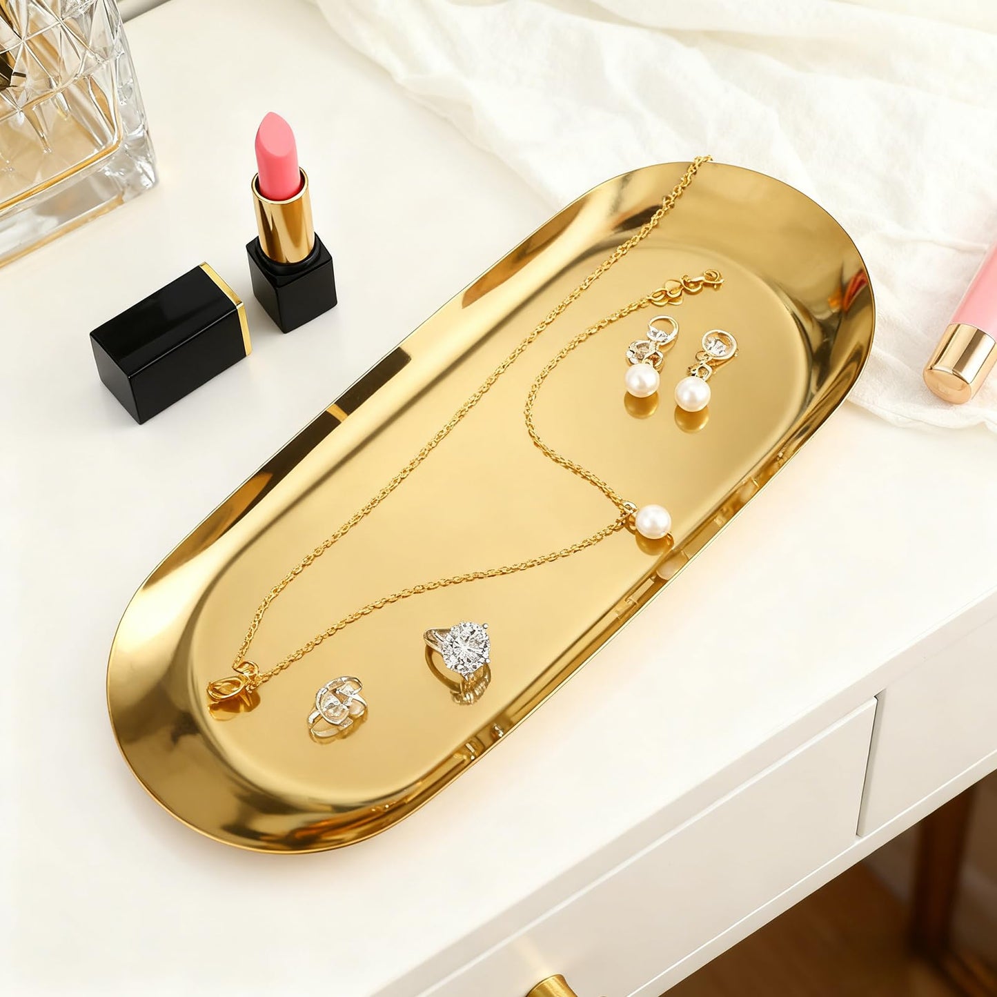HAFRILY 2Pcs Oval Trinket Dish Stainless Steel Gold Tray Elegant Retro Jewellery Perfume Storage Decorative Tray Small Cosmetics Trays for Bedroom