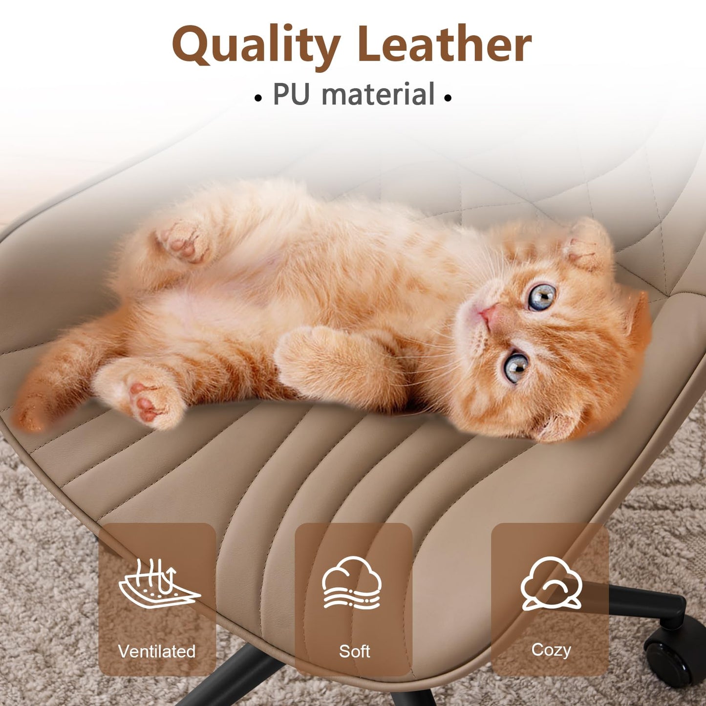 YOUTASTE Office Chair Adjustable, Ergonomic Desk Chair Armless PU Leather Swivel Chairs with Wheels for Home Office Computer, Modern, Khaki