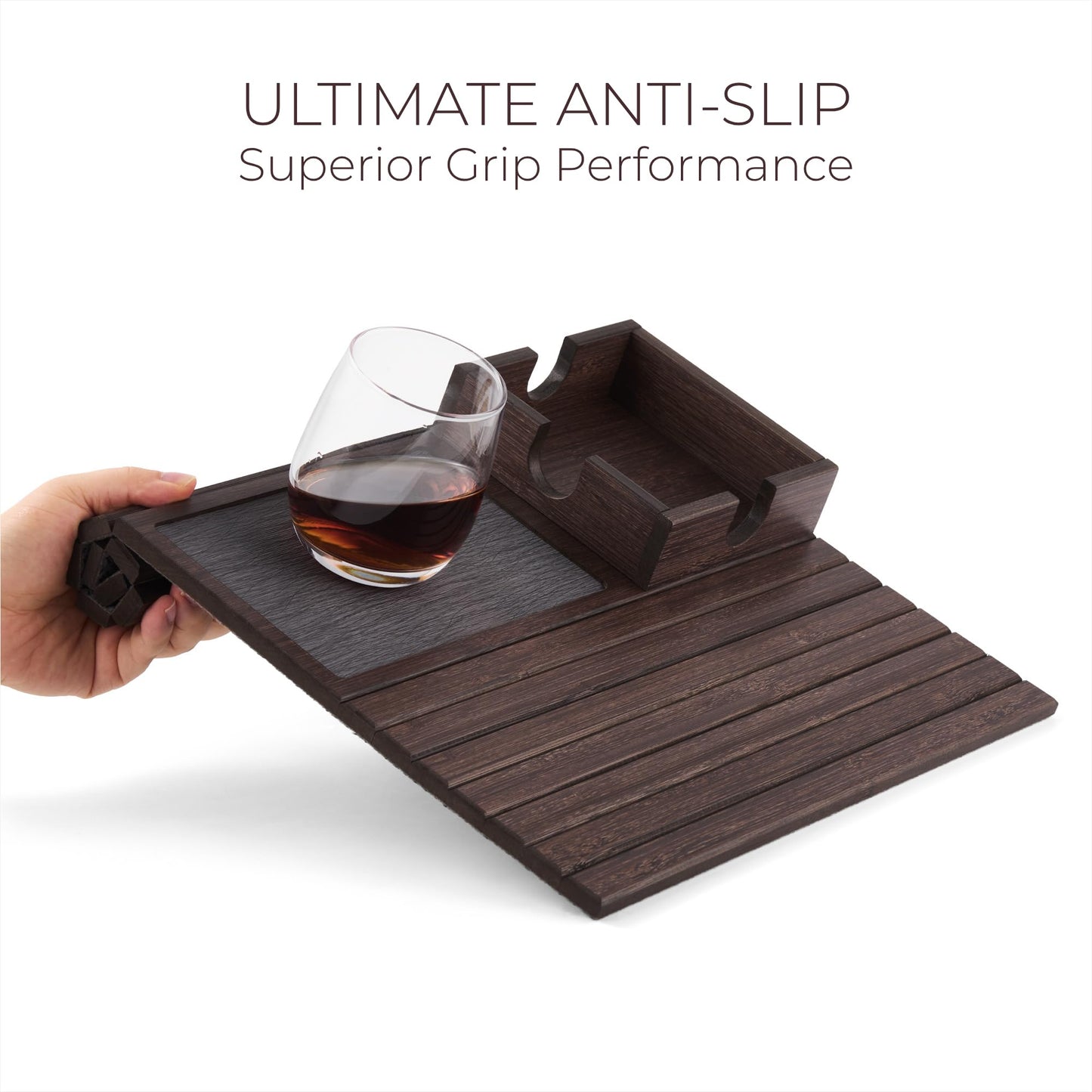 DETOR Sofa Arm Tray with Cup Holder, Walnut Finish, Fits Armrest 14cm +