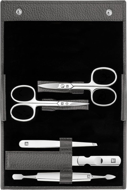 ZWILLING Manicure Set (5 Pieces, Nail Care and Pedicure with Genuine Leather Case with Nail Scissors and Cuticle Scissors), Polished Stainless Steel,