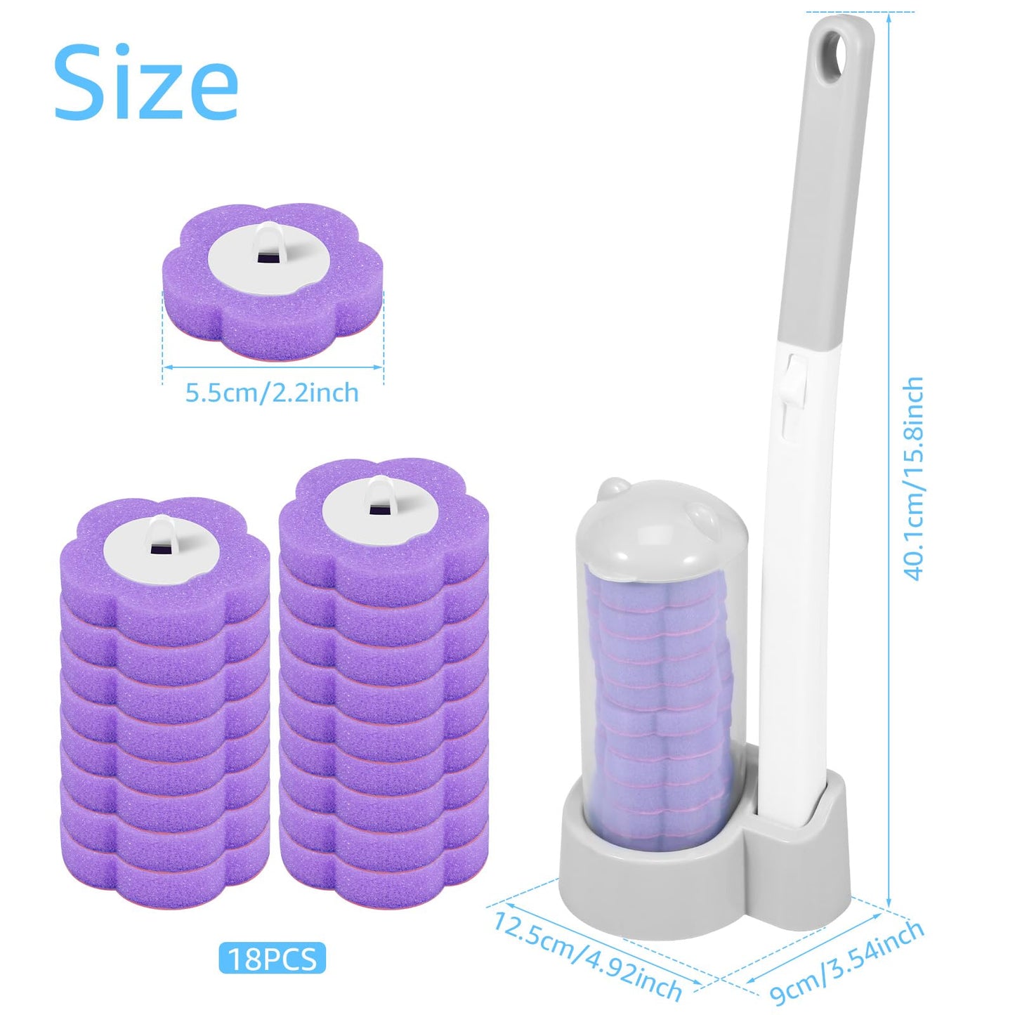 18Pcs Toilet Brush Replacement Head Disposable Toilet Brush refills Grey Handle Wand Holder Set with Storage Case Base for Sink Bathtub Wash Basin