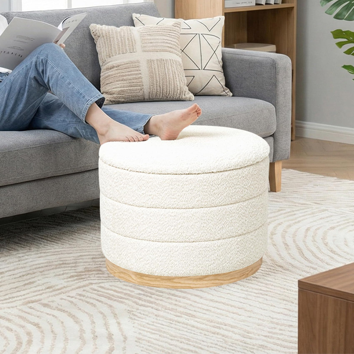 PINPLUS Round Chenille Storage Ottoman, Tray Top, 58x58x44 cm, Cream White