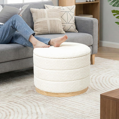 PINPLUS Round Chenille Storage Ottoman, Tray Top, 58x58x44 cm, Cream White