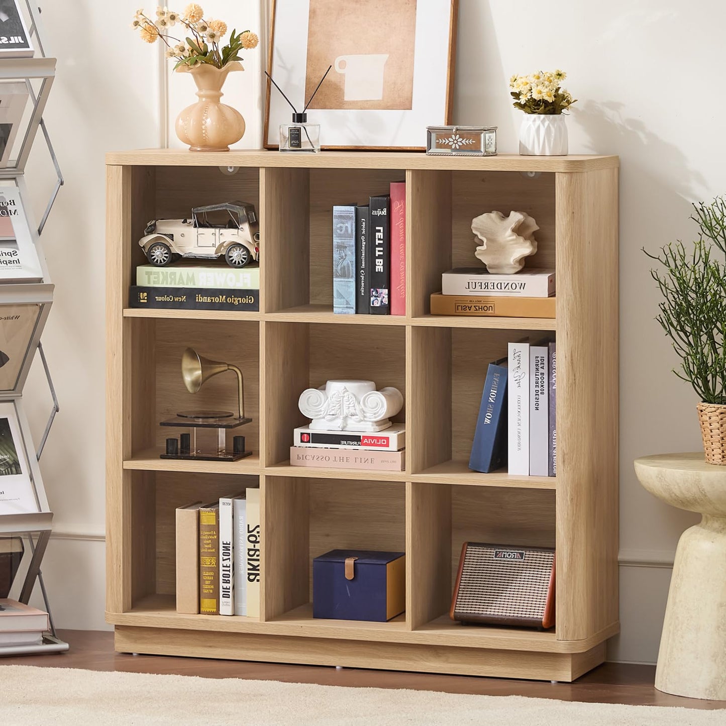 LELELINKY 9 Cube Storage Bookcase, 41" Wide Wooden Book Shelf with Thickened Base, Freestanding 3-Tier Open Book Case Unit with Curved Edge