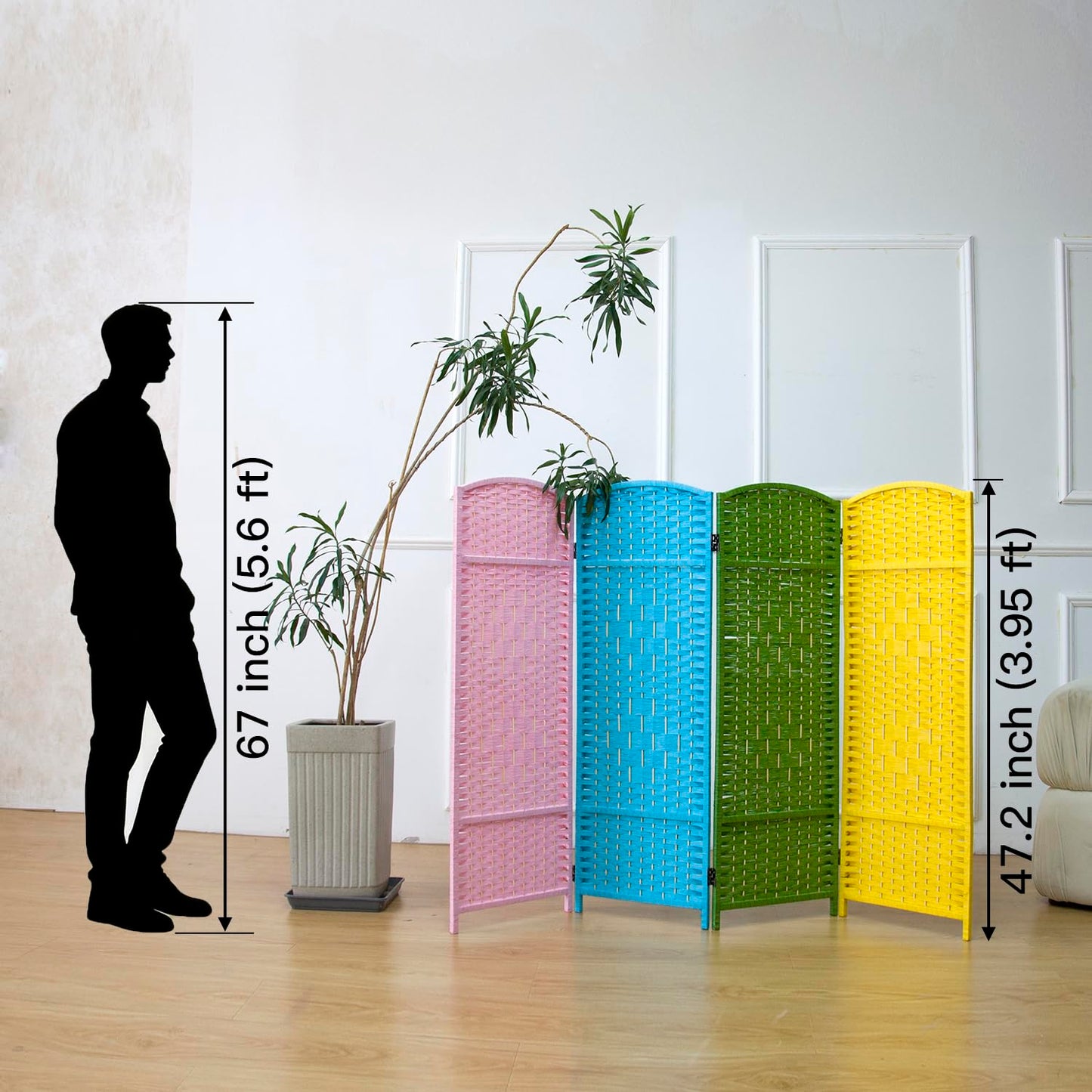 Furnnylane 4 Panel Colorful Rattan Divider Short Room Partition Screen,Double Sided Short Folding Divider for Room Separation,120 cm Tall