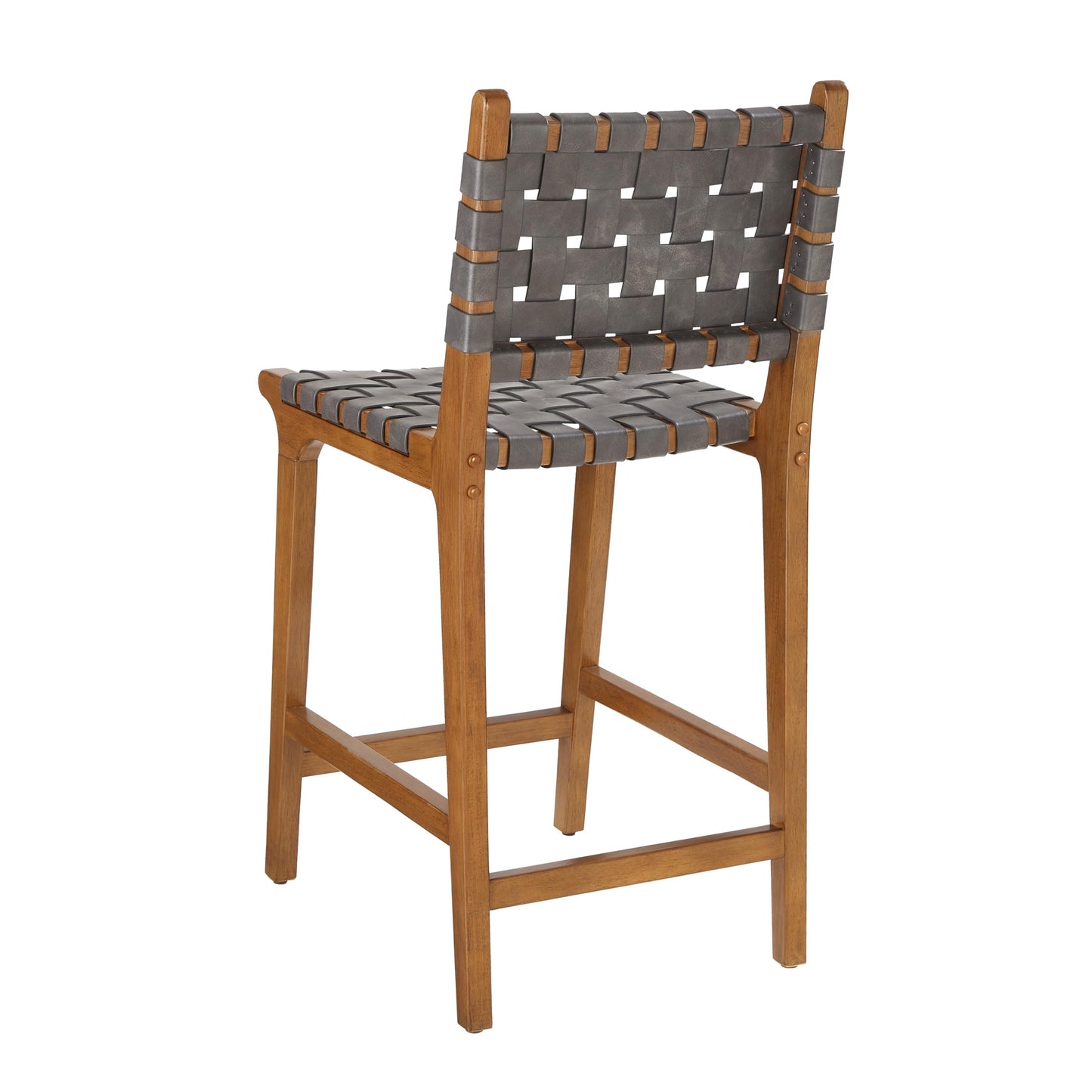 Ball & Cast Woven Counter Stool Kitchen Counter Height Barstool Backrest Wooden Weave Stool, Dark Grey Faux Leather