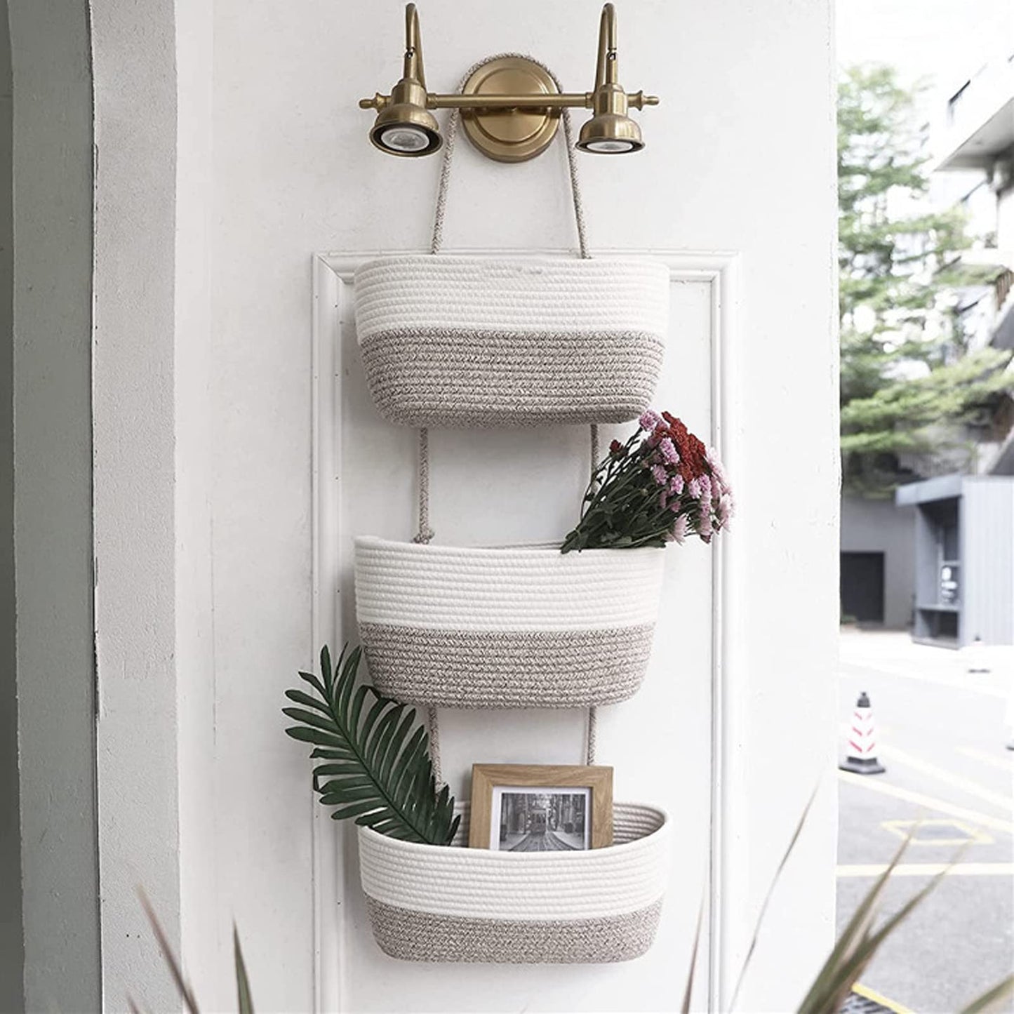 Inscrip Hanging Storage Baskets for Door, Hanging Storage, 3-Tier Hanging Basket Made of Cotton Rope, Woven Organiser