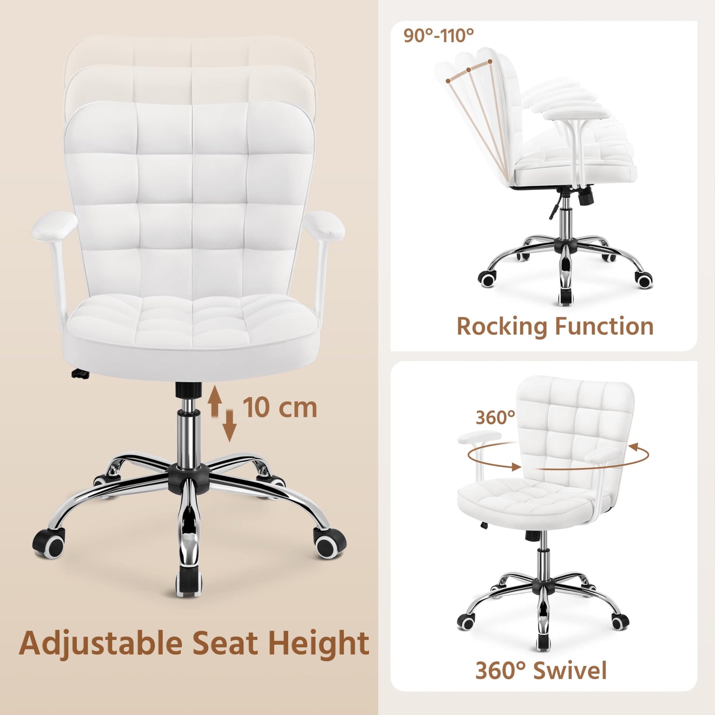 Yaheetech Faux Leather Swivel Vanity Chair with Detachable Armrests, White
