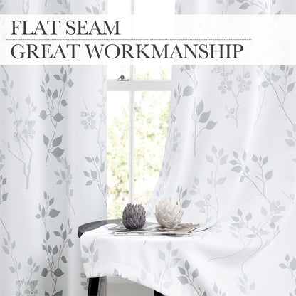 Beauoop Grey Floral Blackout Curtains for Bedroom Living Room 72 Inch Drop Leaf Print Eyelet Curtain Botanical Thermal Insulated Noise Reducing Drapes