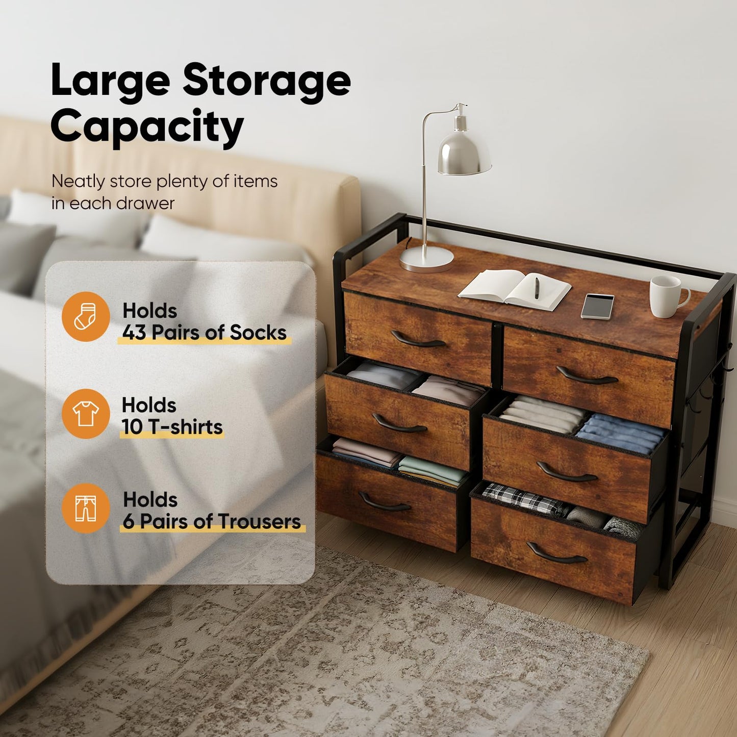 MAXLEAD Chest of Drawer with 6 Drawers, Large Capacity Storage Organiser Unit, Fabric Dresser for Bedroom, Living Room, Hallway - Brown