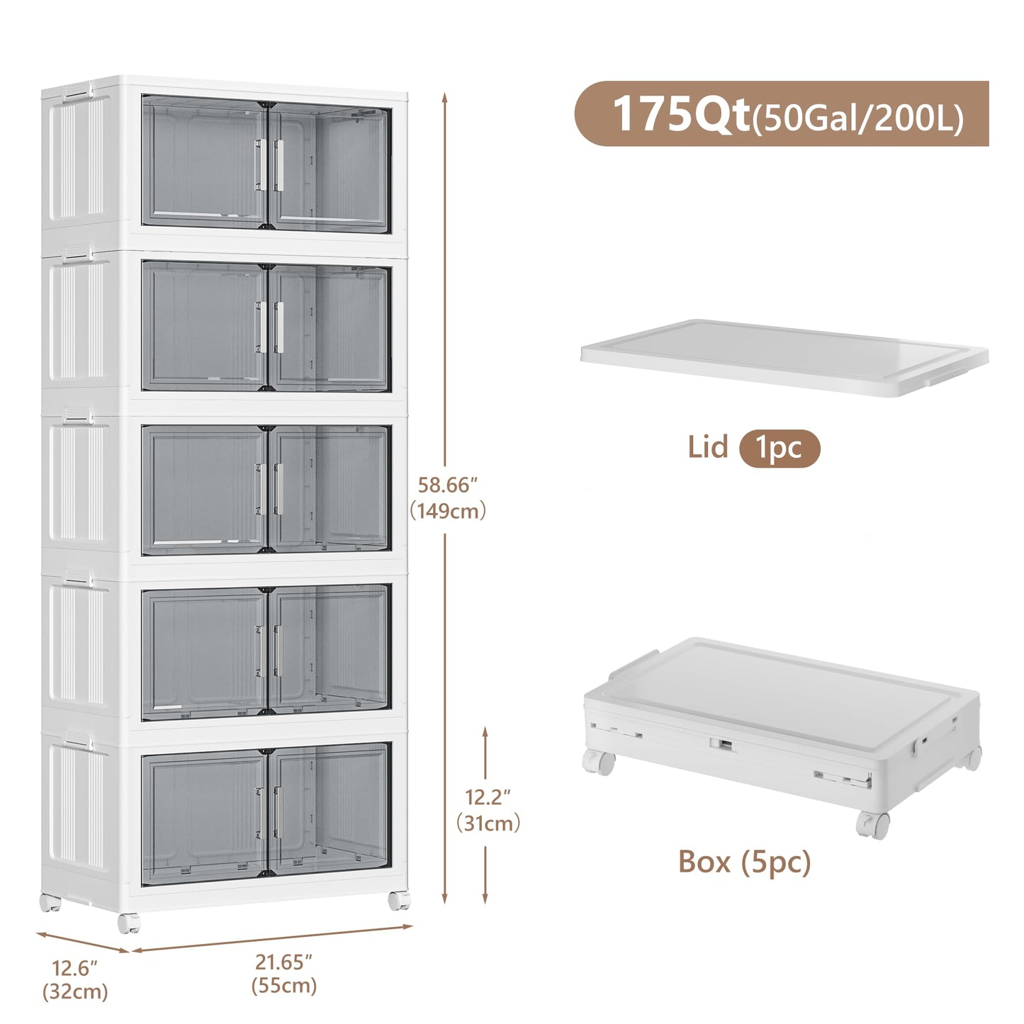 Naviconvex Storage Boxes with Lids, 5 Tier 200L Plastic Storage Box with Magnetic Doors and Wheels, Stackable Storages Boxes