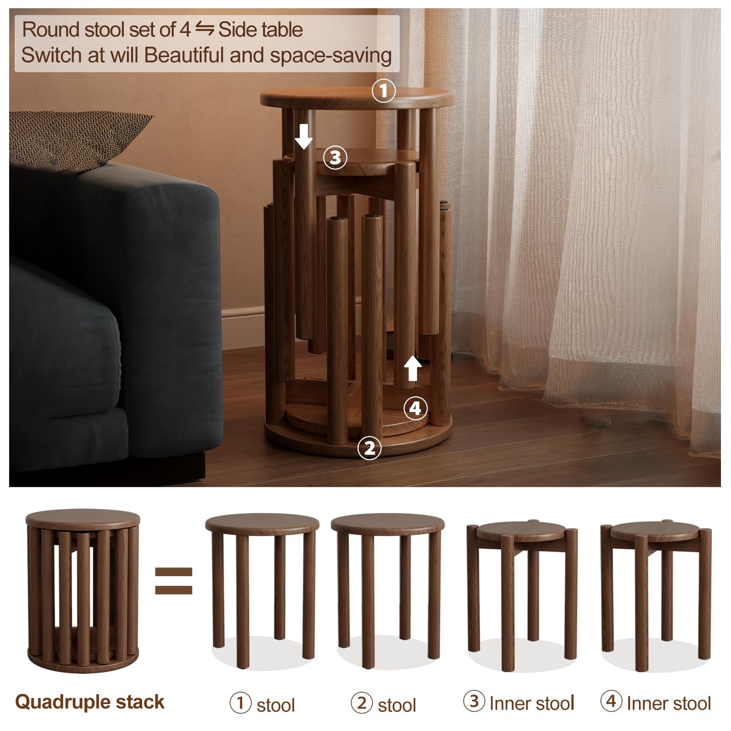 YQJJGL 4PCS Wood Stools, Rustic Stool, Wooden Chair, Kitchen Stools, Stackable Round Stools for Dining Room, Living Room, Classroom, Bedroom