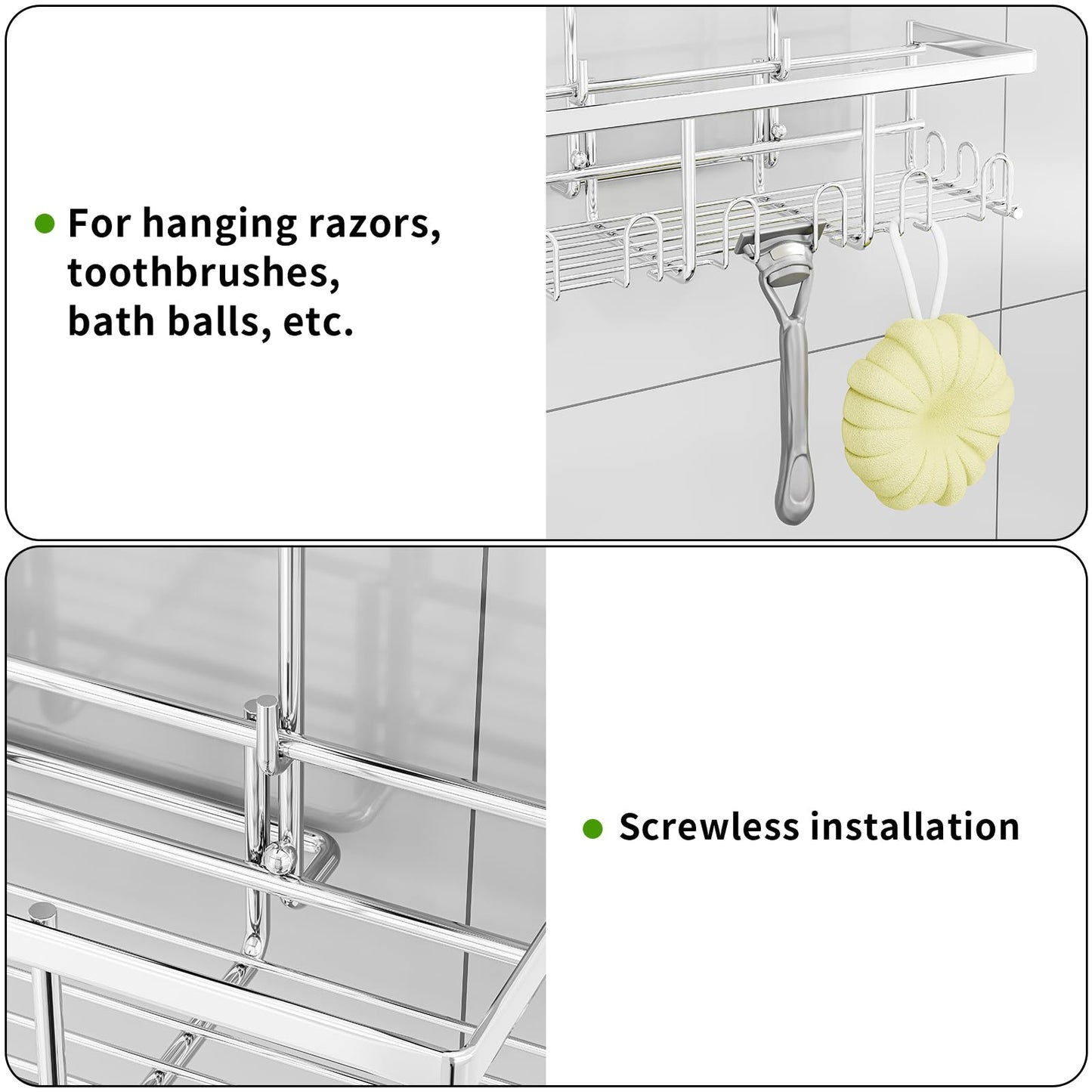 RUIHANDA 2-Tier Shower Caddy, Shower Caddy Hanging No Drilling, Silver