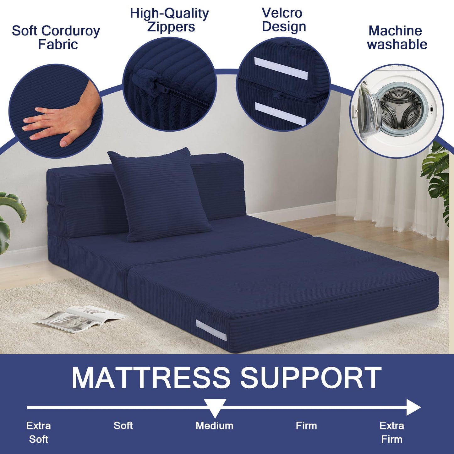 MeMoreCool Folding Mattress Single, Corduroy Fold Out Sofa Bed, Grey
