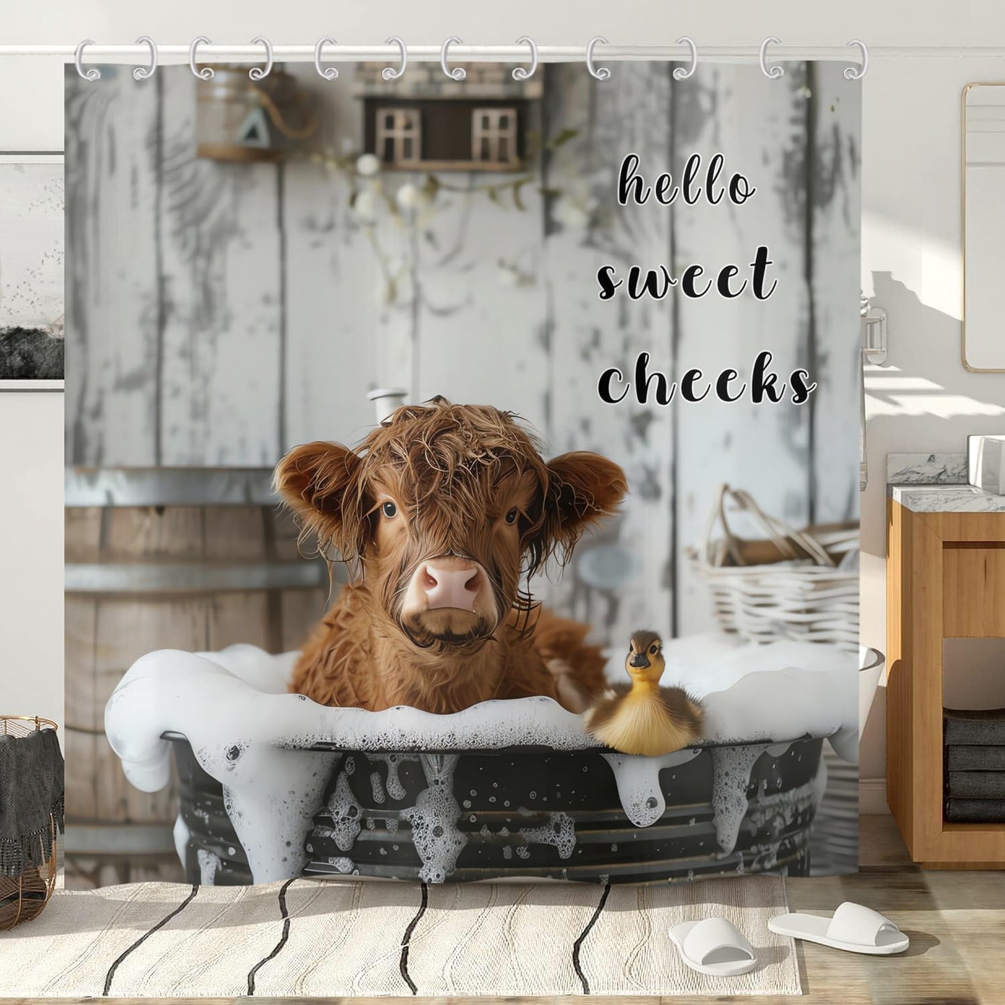 Hnmdmyi Funny Highland Cow Shower Curtain 120x200, Farmhouse Western Animal Cattle Duck Bathing in Bubbly Bathtub Bathroom Curtains Waterproof