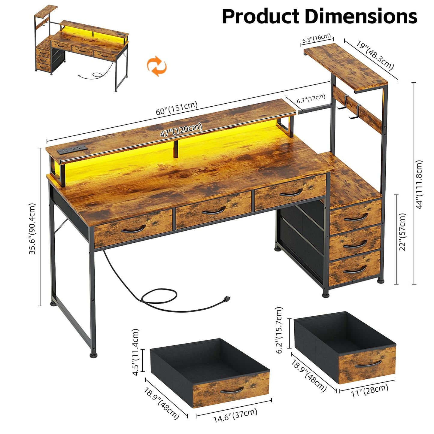 WEMANER 151cm Computer Desk with 6 Fabric Drawers, Reversible Home Office Desk with Printer Cabinet, Writing Desk with Monitor Stand & Power Outlets