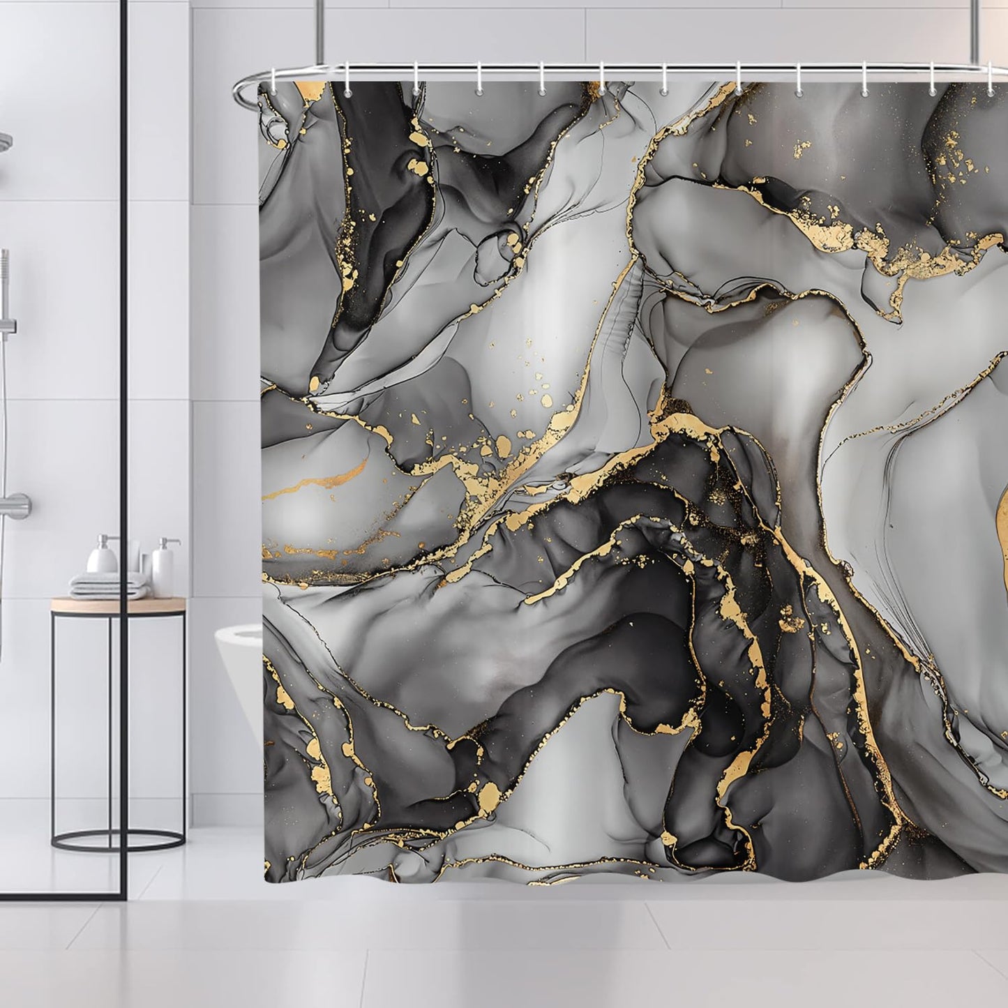 ASDCXZ Black Marble Shower Curtain 180x200 cm, Modern Abstract Art Gray Black Gold Marble Optics Texture Waterproof Bath Curtain Polyester Textile