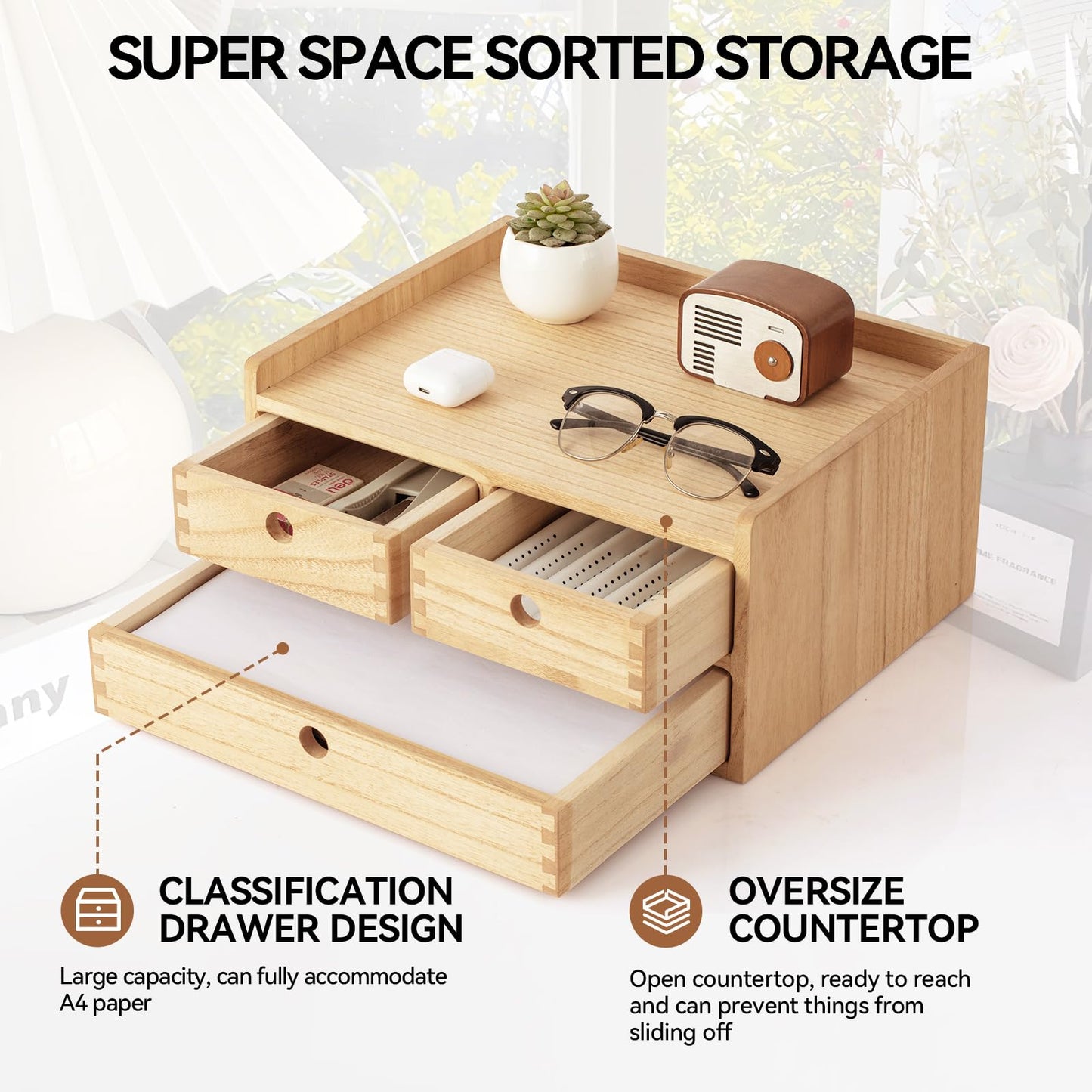 KIRIGEN Wooden Desk Organiser with 3 Drawers and Shelf, Natural