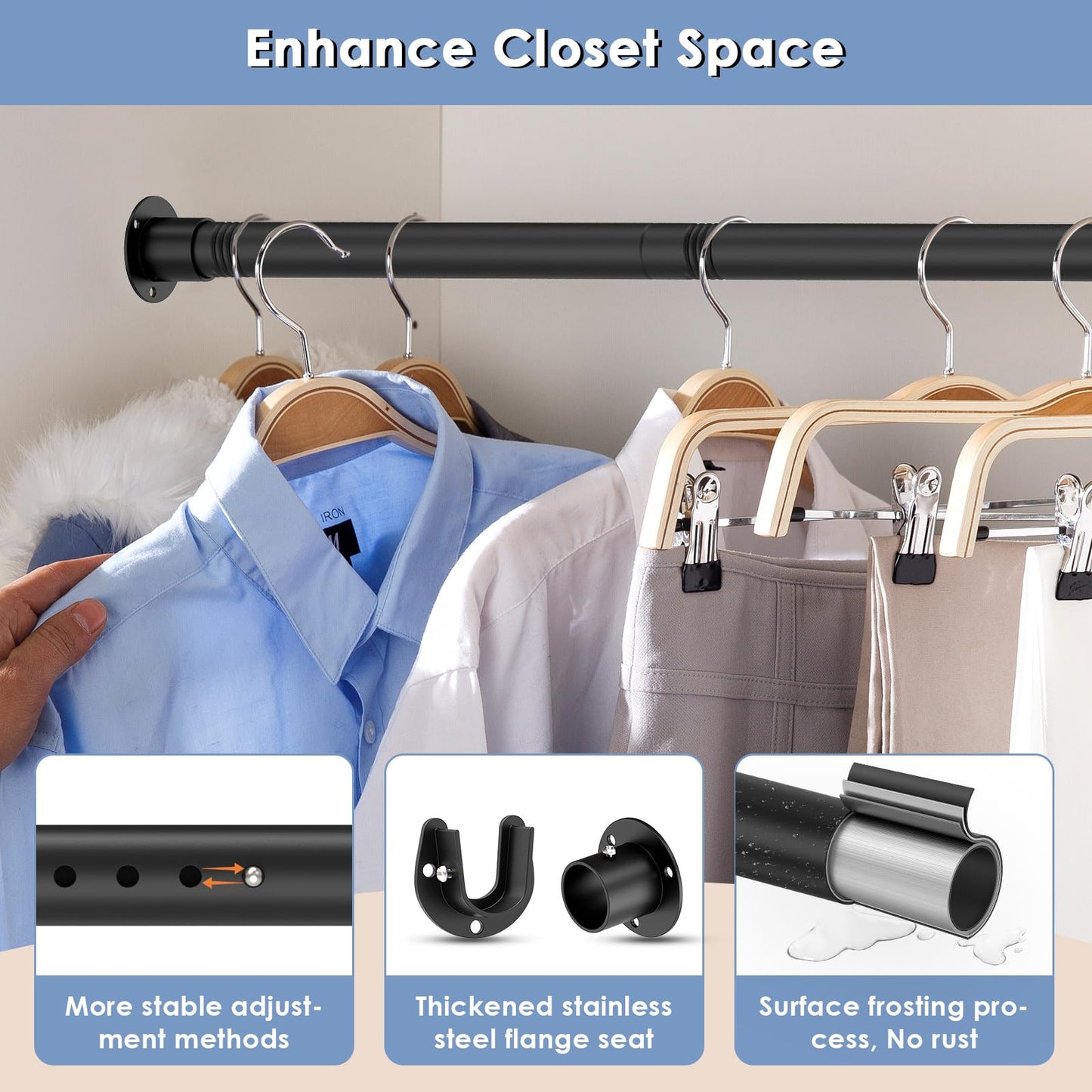 32mm Wardrobe Rail, Retractable Wardrobe Pole 74-190cm, Heavy Duty Clothes Rail with End Sockets and Screws for Balconies, Bathrooms, Wardrobes