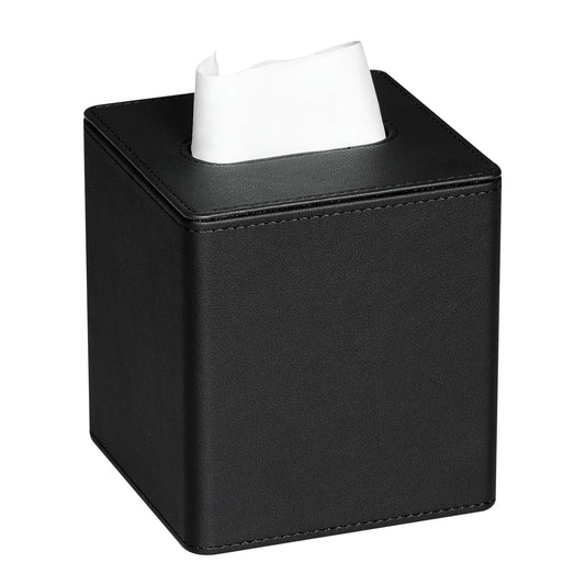 MEIBOOCH Tissue Box Cover PU Leather Square Tissue Box Holder with Magnetic Bottom for Bathroom Bedroom or Office (Black)
