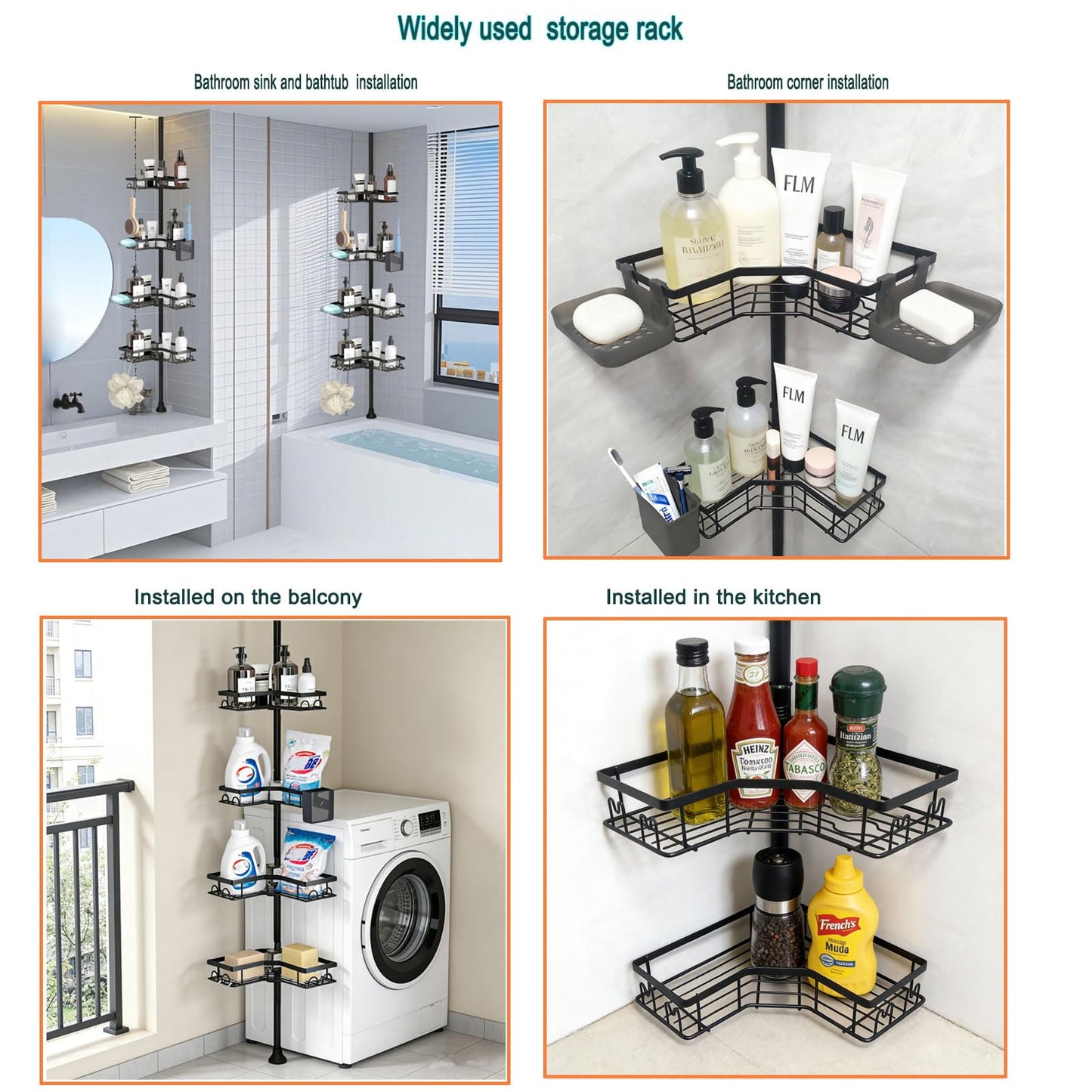 YEVVAIOC Corner Shower Caddy Tension Pole,43 to 121 Inch Adjustable Bathroom Organizer Shelves Rustproof with 4-Tier, for Small Bathrooms