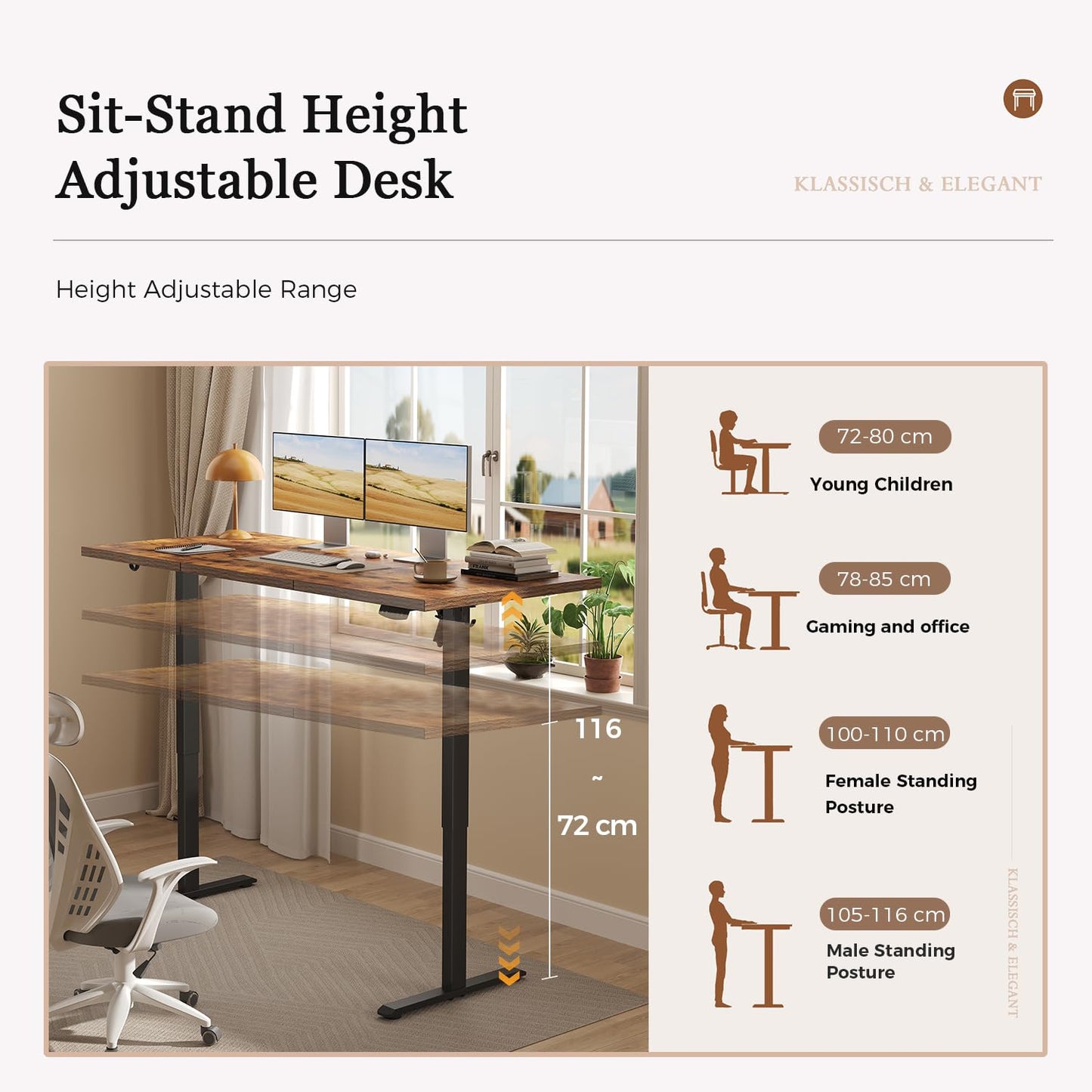 Klicelor Electric Standing Desk, 2 Memory Buttons for stand & sit, 120x60