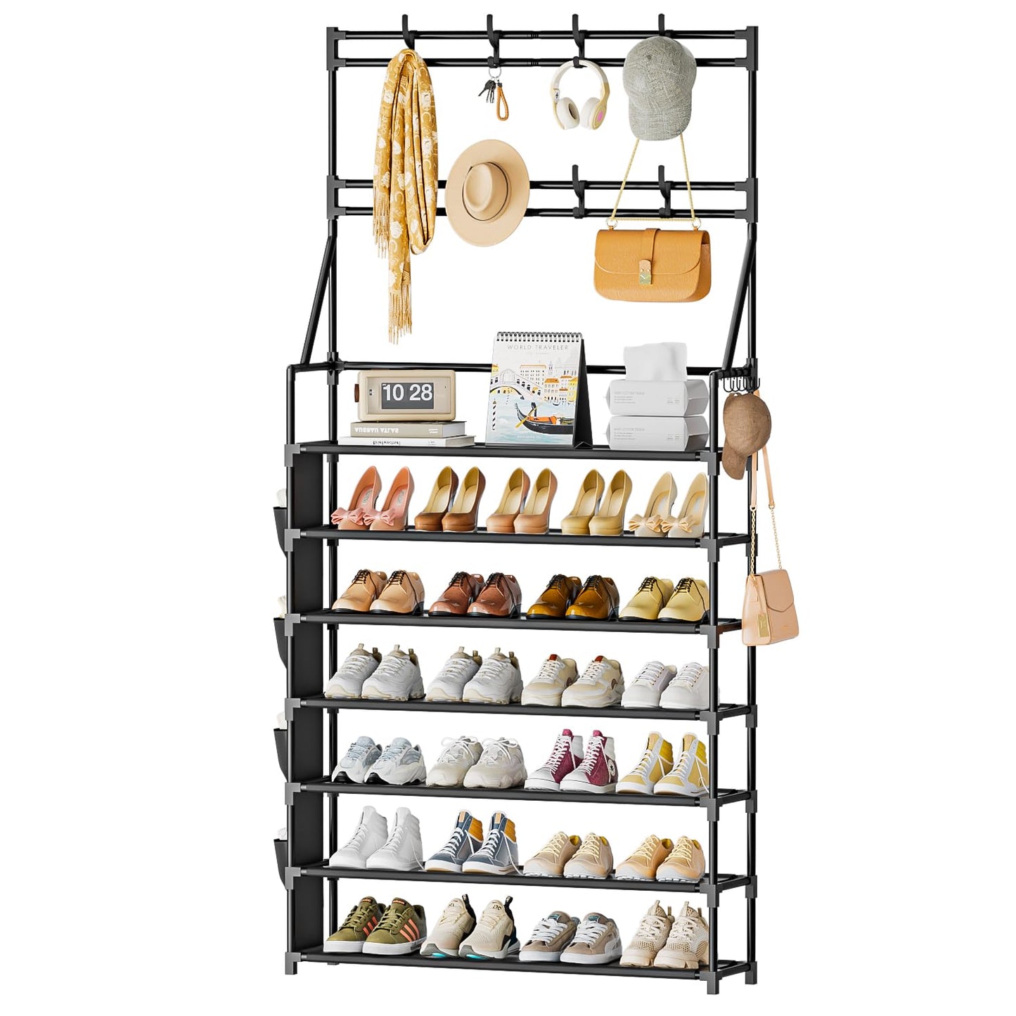 OYREL 7 Tier Shoe Rack with 8 Hooks & 4 Side Pockets for 28-35 Pairs Shoes