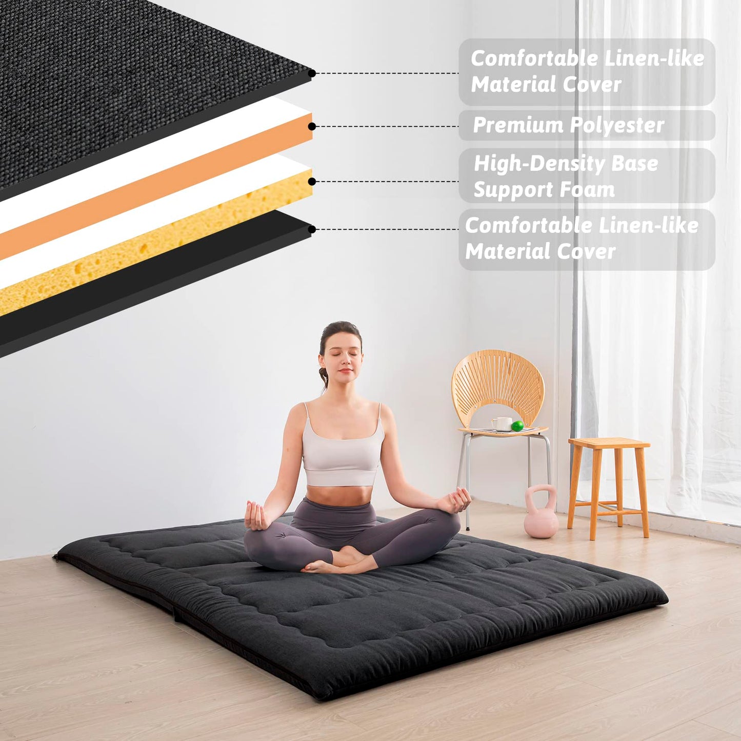 MAXYOYO Portable Foldable Futon Mattress, Hypoallergenic Fabric and Foam Mattress Pad with Handle and Zipper for Outdoor Indoor Camping Guest Car