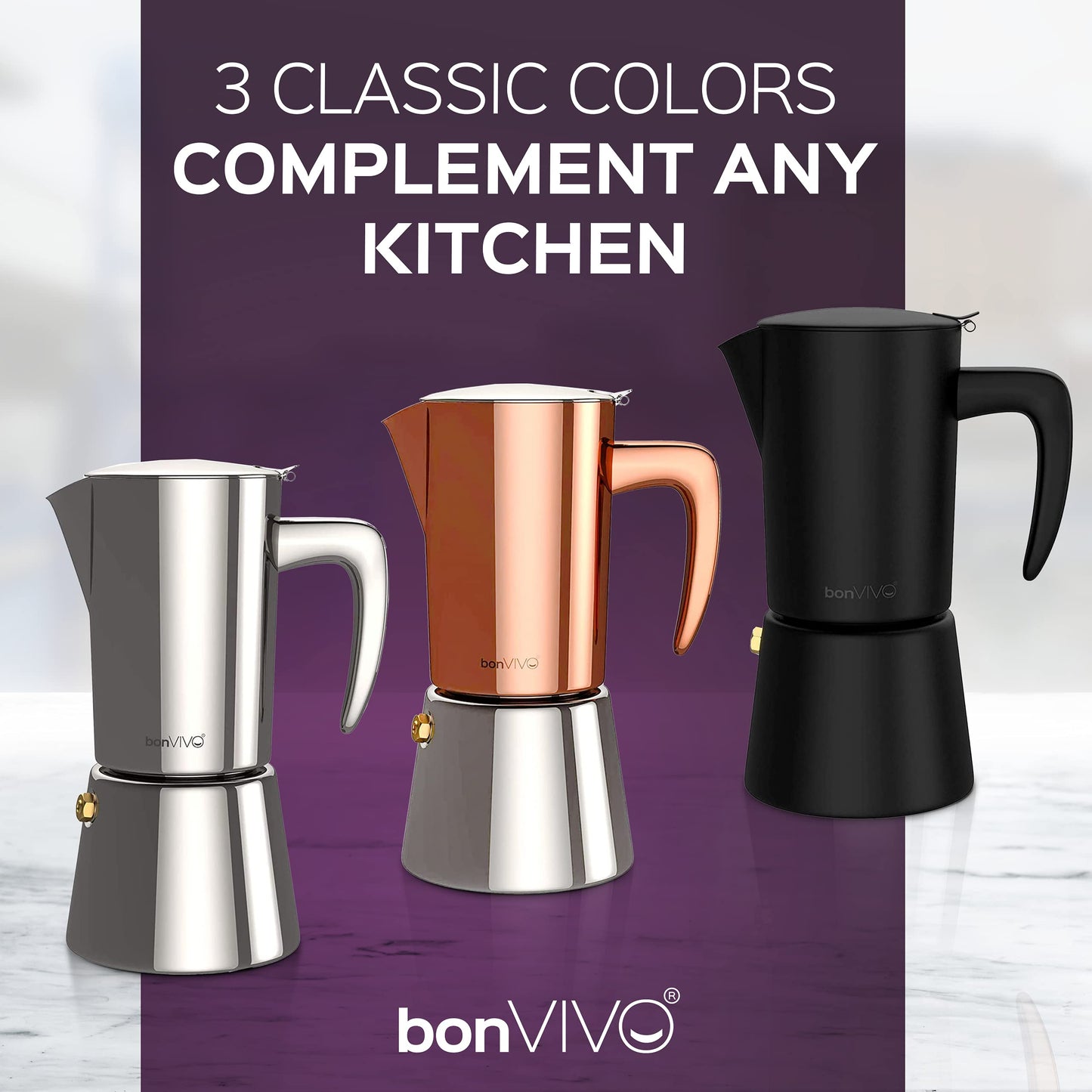bonVIVO Moka Pot - 6 Cup Intenca Stainless Steel Espresso Maker w/Copper Finish - Stove Top Italian Coffee Maker - 300ml Coffee Pot - Gifts for Men