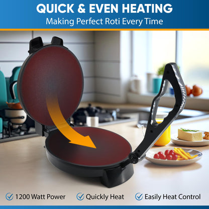 StarBlue 25.4cm Roti Maker Machine with Free Roti Heater and Removable Handle - Indian Chapati, Tortilla, Roti AC220-240V 50/60Hz 1200W, UK Plug