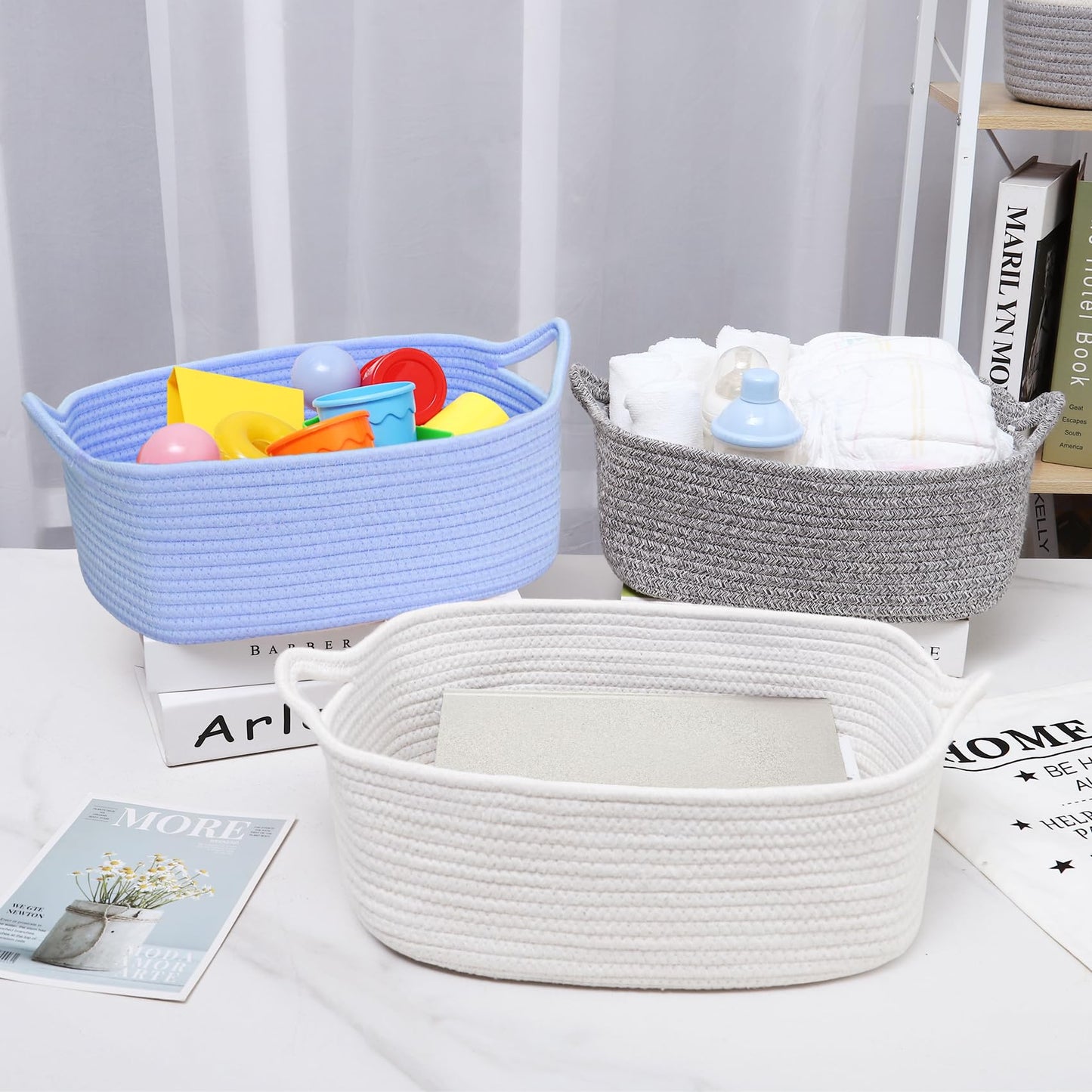 ABenkle Small Storage Basket with Handles, Cotton Rope Woven Dog Cat Toy Bin, Decorative Shelves Closet Organizing for Nursery Laundry Bedroom