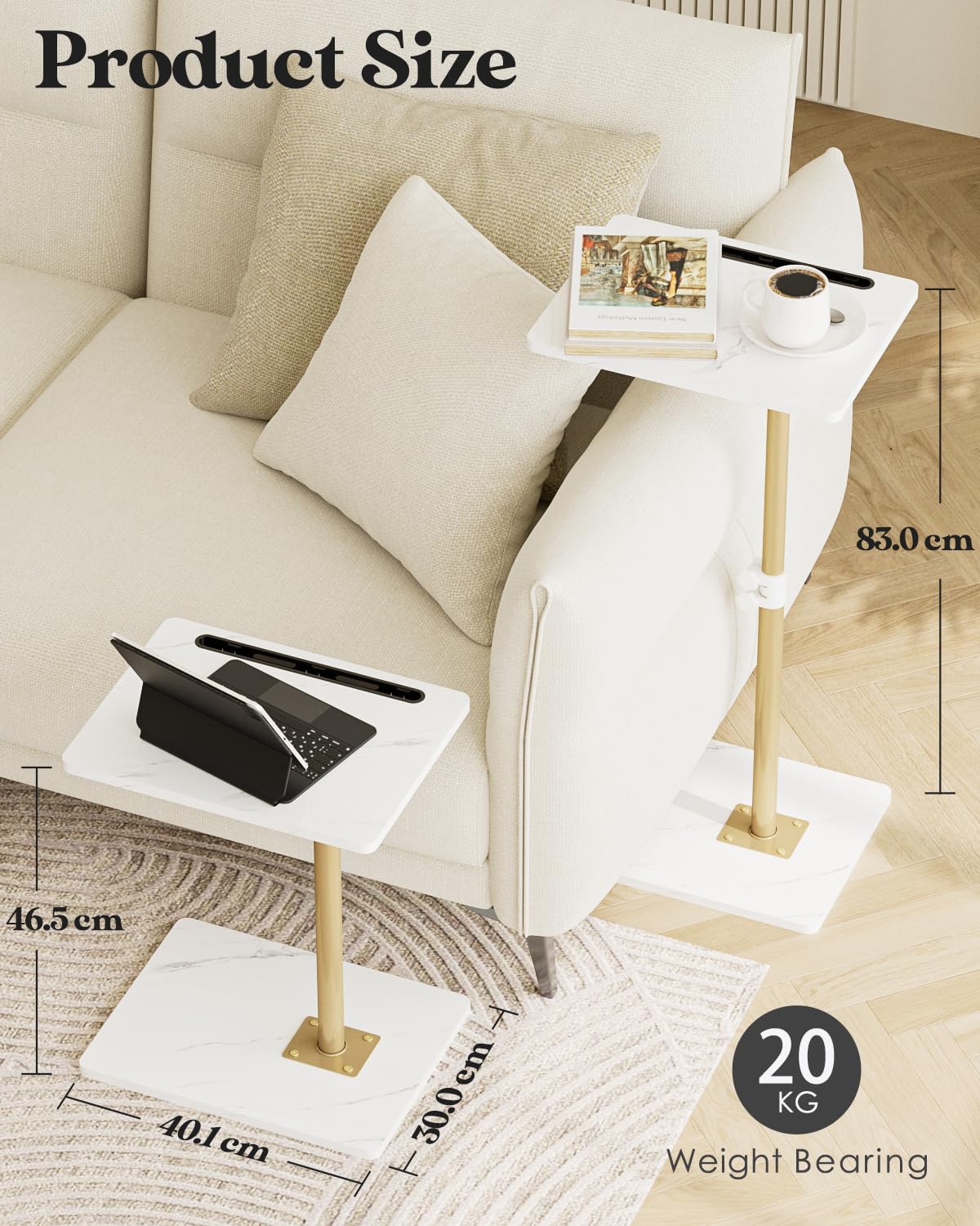 Apetaccat Side Table, C-Shaped Adjustable Sofa Table, 360°Swivel Coffee Tables,40x30x45-83 cm,Small End Tables Bedside for Living Room
