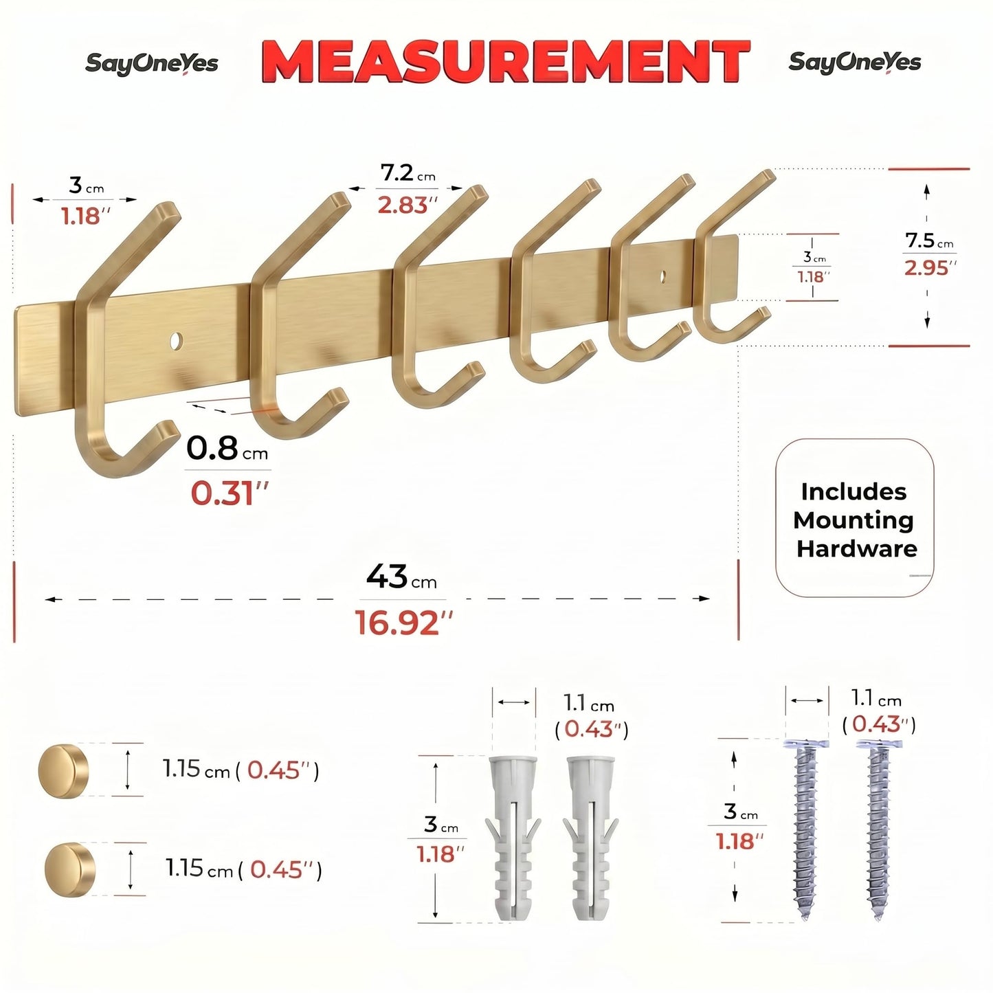 SAYONEYES Brushed Gold Coat Rack Wall Mount with 6 Double Hooks for Hanging – 17 Inch Heavy Duty SUS304 Stainless Steel Rustic Coat Hooks – Hat