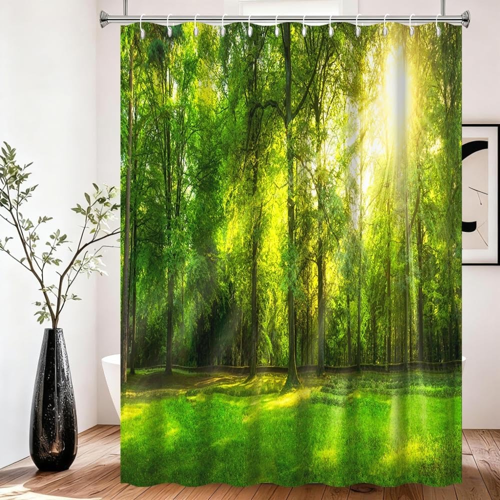Xiaoterna Tropical Jungle Shower Curtain Green Forest Nature Landscape Sunshine Bathroom Curtain Spring Jungle Rainforest Mould Proof Washable Shower
