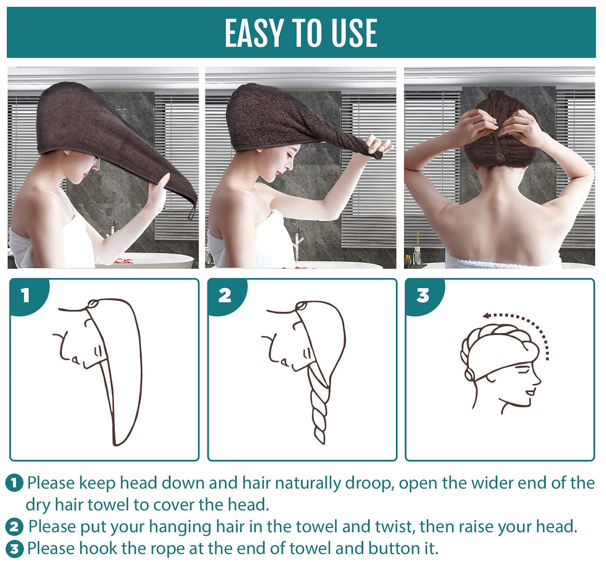 BAVIN LUXURY Hair Towel Wrap 100% Cotton, Instant Drying Lightweight Turban Hair Cap Super Quick Absorbent Anti-Frizz Twist Toweling Dry Hat with
