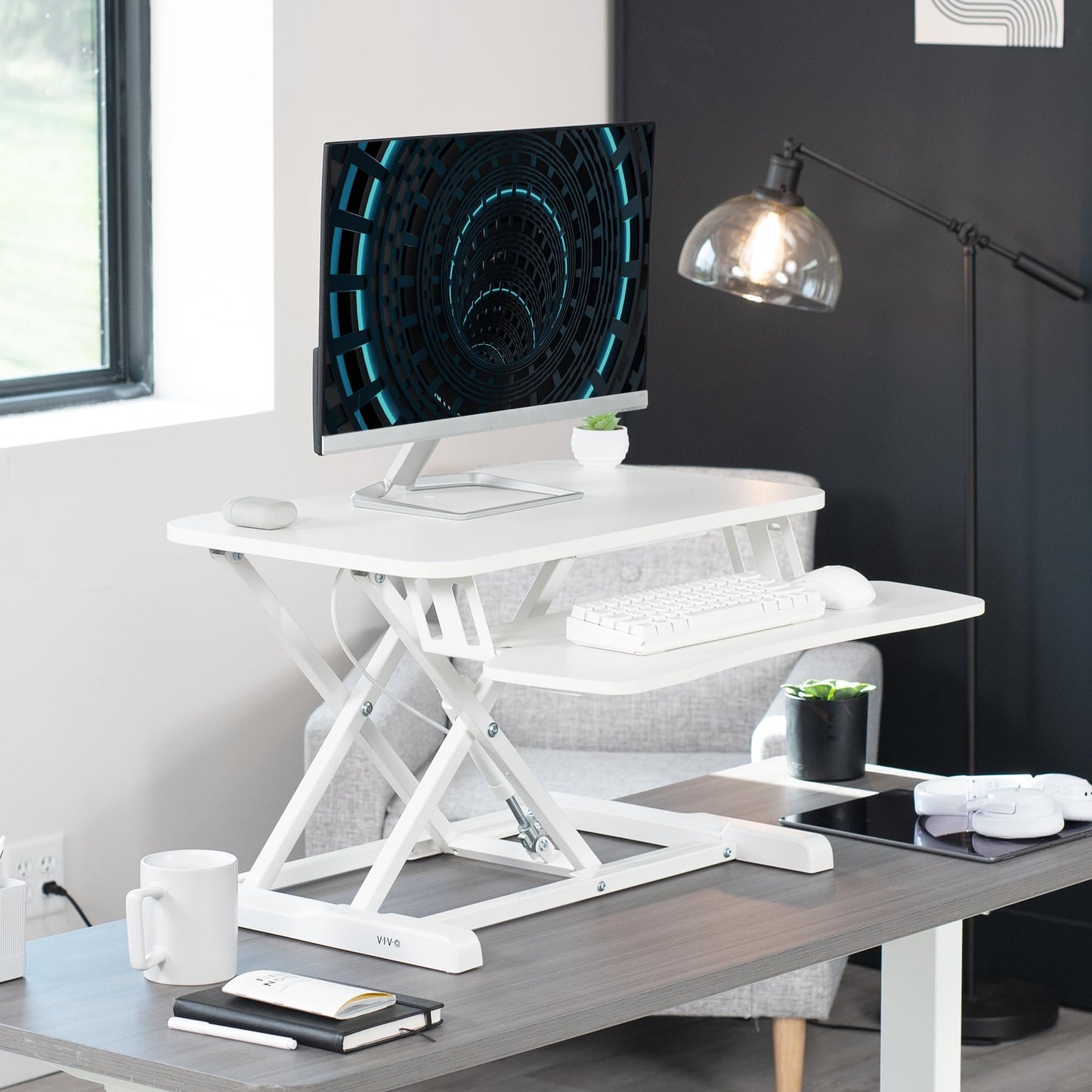 VIVO 66 cm Desk Converter, K Series, Height Adjustable Sit to Stand Riser, Dual Monitor and Laptop Workstation with Keyboard Tray, White, DESK-V026KW