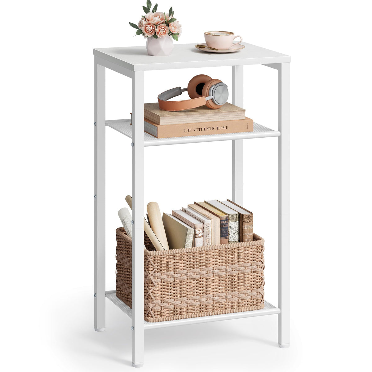 Hoctieon 3 Tier End Table, Telephone Table, Tall Side Table with Storage, Small Nightstand for Small Spaces, Metal Frame, For Living Room, Bedroom