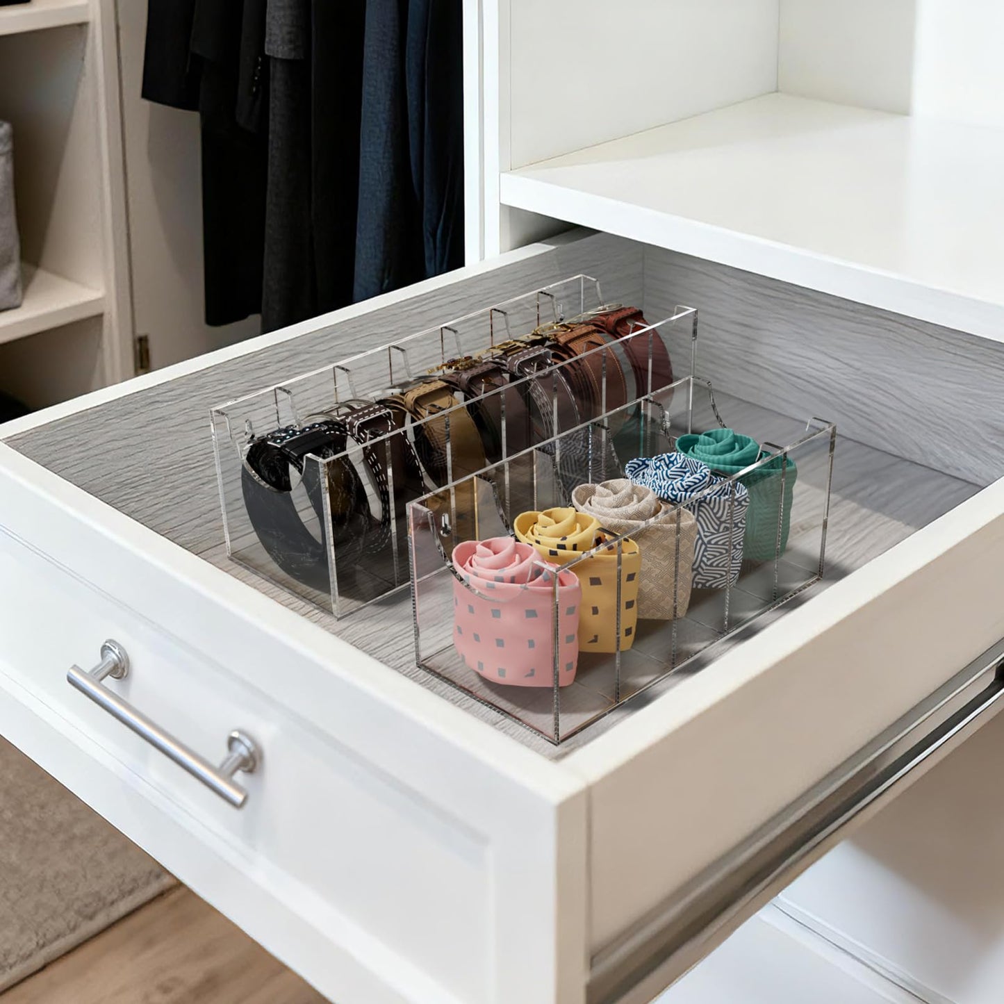 FEMELI Acrylic 7 Compartment Belt Organizer, Clear Belt Display Case for Closet Tie and Bow Tie