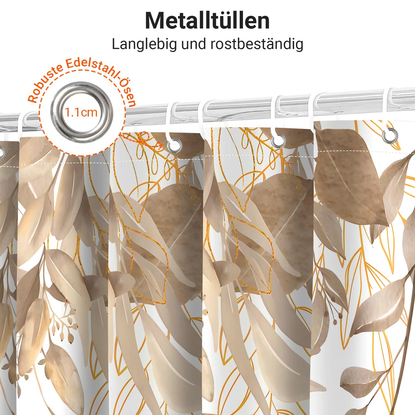 Lerores Shower Curtain, 200 x 200 cm, Grey Autumn Leaves, Weighted Hem, Anti-Mould, Water-Repellent