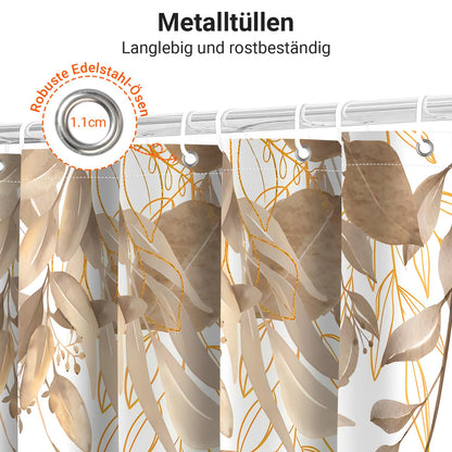 Lerores Shower Curtain, 200 x 200 cm, Grey Autumn Leaves, Weighted Hem, Anti-Mould, Water-Repellent