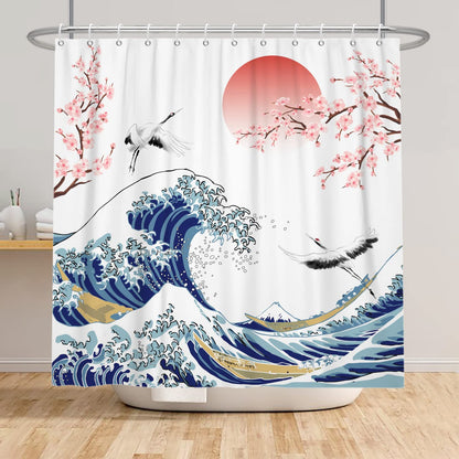 SDOTPMT 180x243cm Wave Shower Curtain Asian Cherry Blossom Ink Painting Bath Curtain Soaring Wild Goose Landscape Painting Bath Curtain for Bathroom